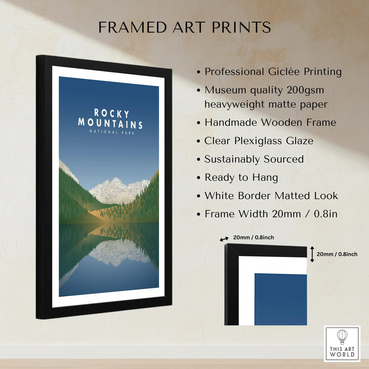 Framed Rocky Mountains National Park print with wooden frame, white mat, wall art decor details