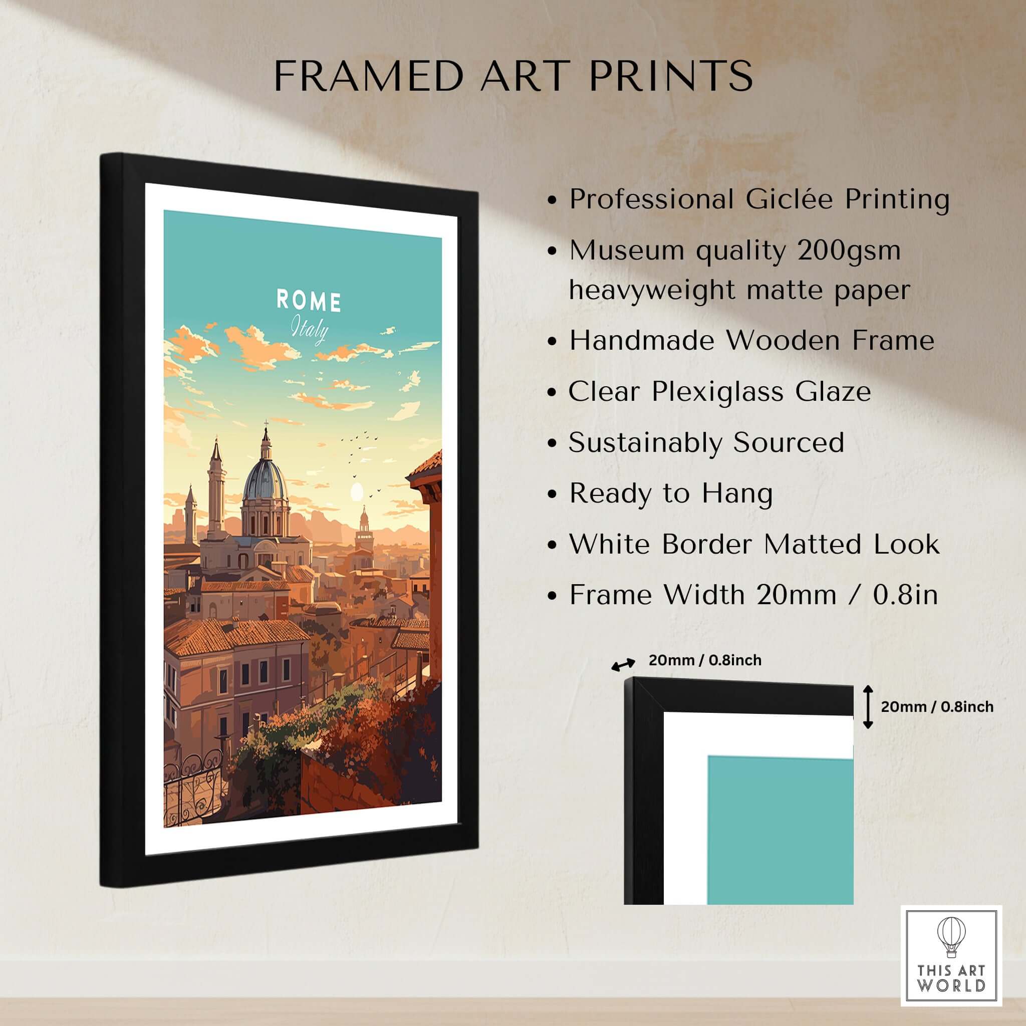 Rome Print framed art print featuring a cityscape of Rome, ready to hang with a handmade wooden frame.