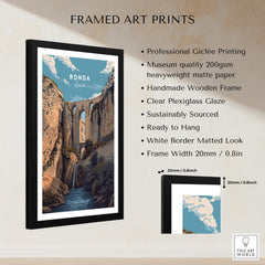 Ronda Spain Wall Art Print | Puente Nuevo Gorge Waterfall Travel Poster framed art print features vibrant colors and stunning details.
