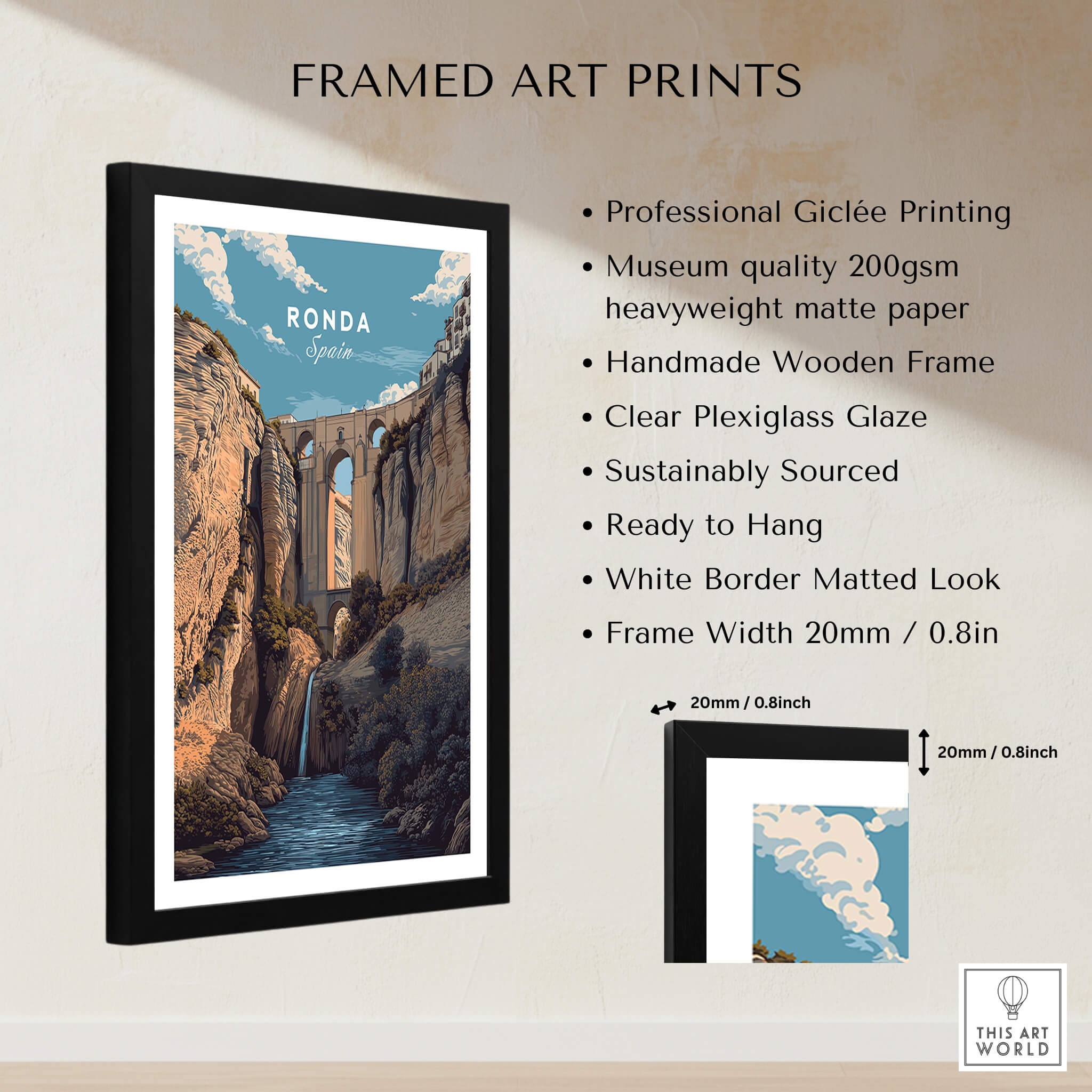 Ronda Spain Wall Art Print | Puente Nuevo Gorge Waterfall Travel Poster framed art print features vibrant colors and stunning details.