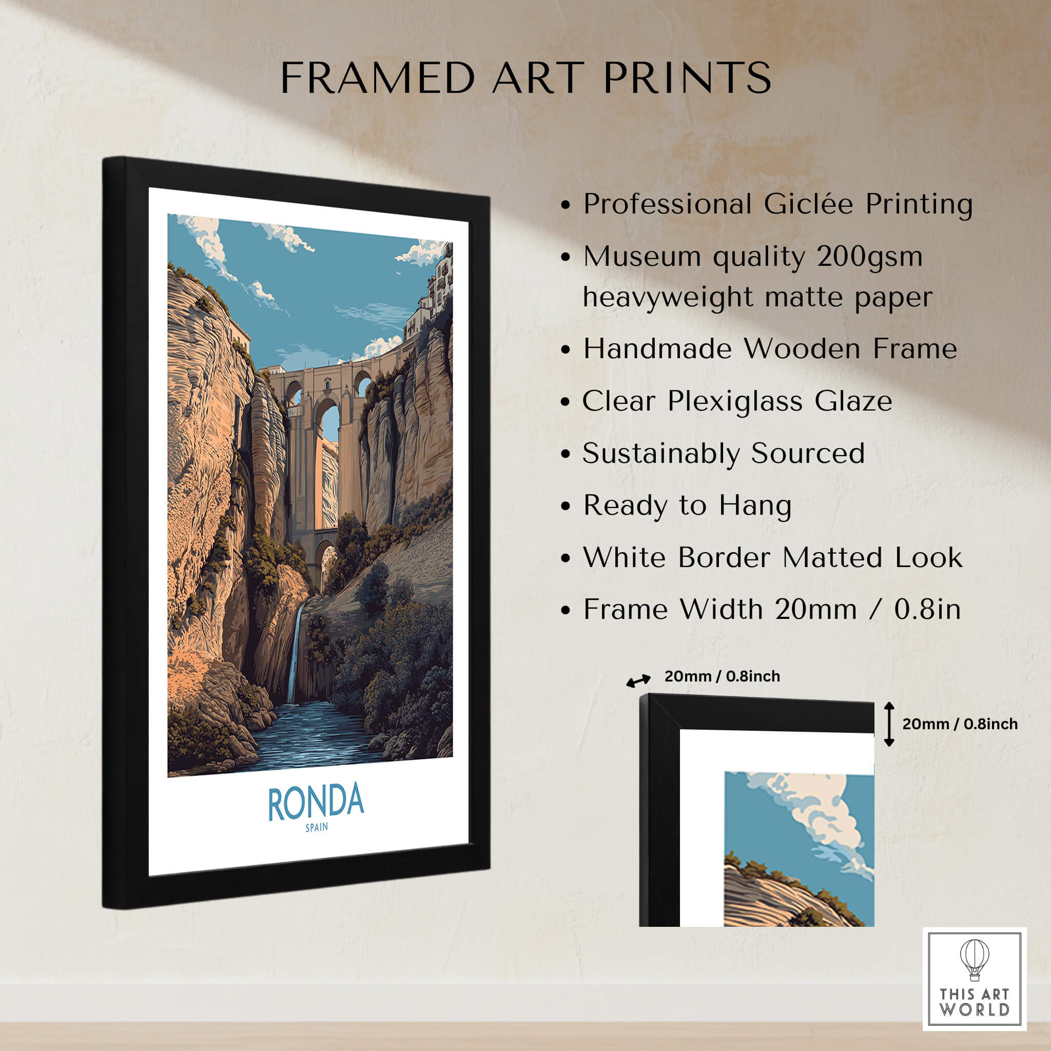 Ronda Spain Poster | Dramatic Andalusian Mountain Bridge Canvas Print framed art print showcasing Puente Nuevo bridge.