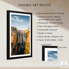 Ronda Spain Wall Art Print | Historic White Village Cliffside Travel Poster framed print showcasing the picturesque cliffs and village.