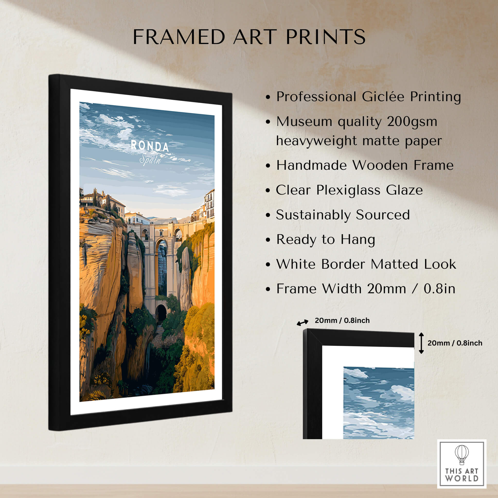 Ronda Spain Wall Art Print | Historic White Village Cliffside Travel Poster framed print showcasing the picturesque cliffs and village.