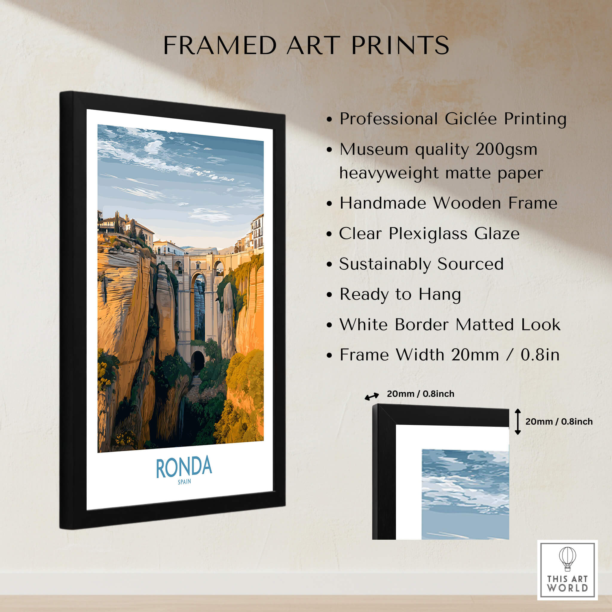Ronda Spain Poster | Iconic Stone Bridge & Valley View Canvas Print framed art print with detailed specifications.