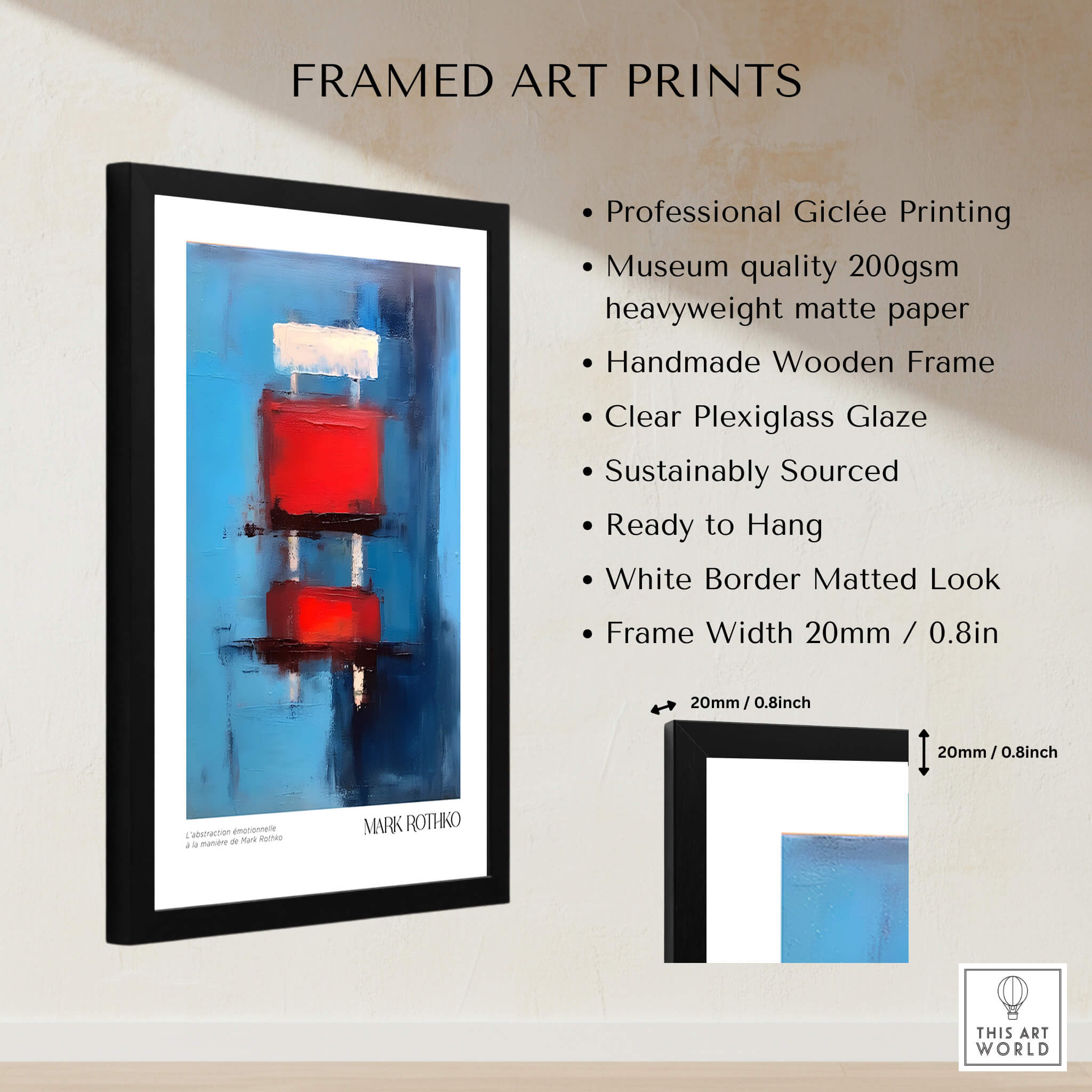 Rothko Inspired Abstract Red Blocks Art Print | Blue Background Wall Decor showcasing framed features and details.
