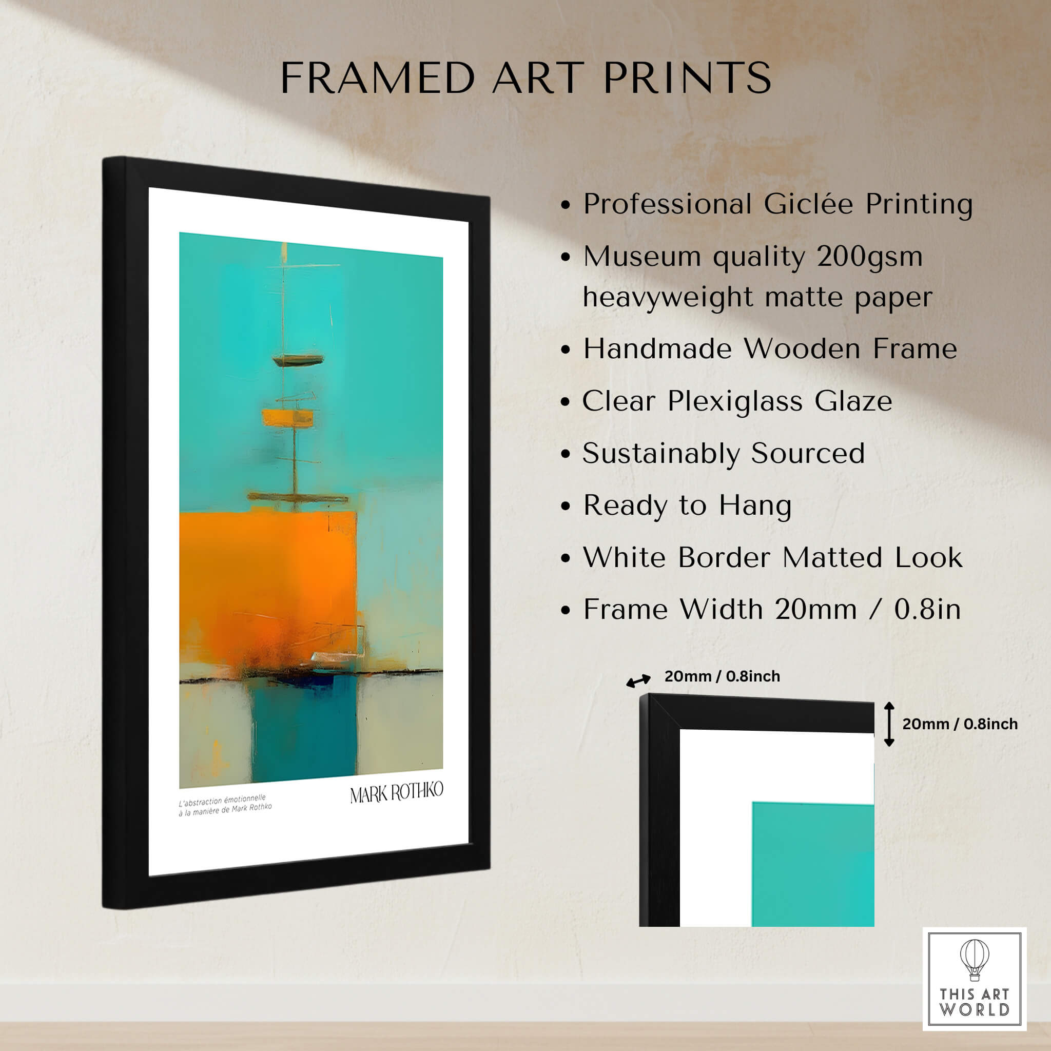 Rothko Inspired Abstract Turquoise Orange Art Print | Minimalist Wall Decor showcased in a stylish frame with professional giclée printing.