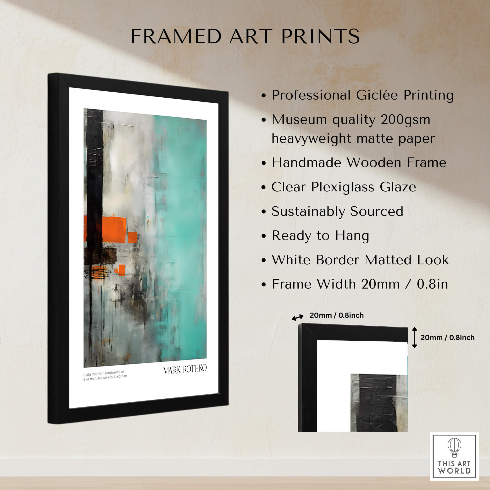 Rothko Inspired Abstract Mint and Orange Art Print | Expressionist Style Wall Decor in a framed display.