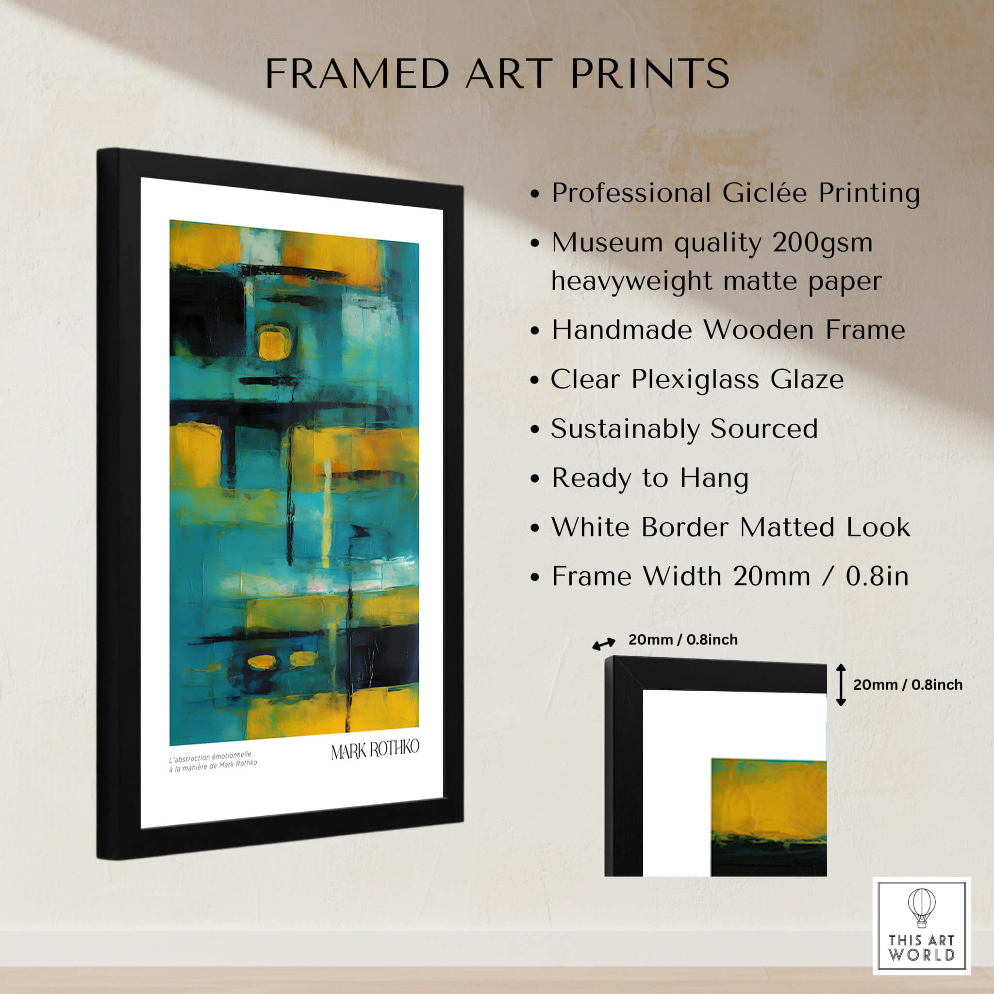 Rothko Inspired Abstract Yellow and Teal Art Print | Modern Poster framed art print with professional giclee printing and wooden frame.