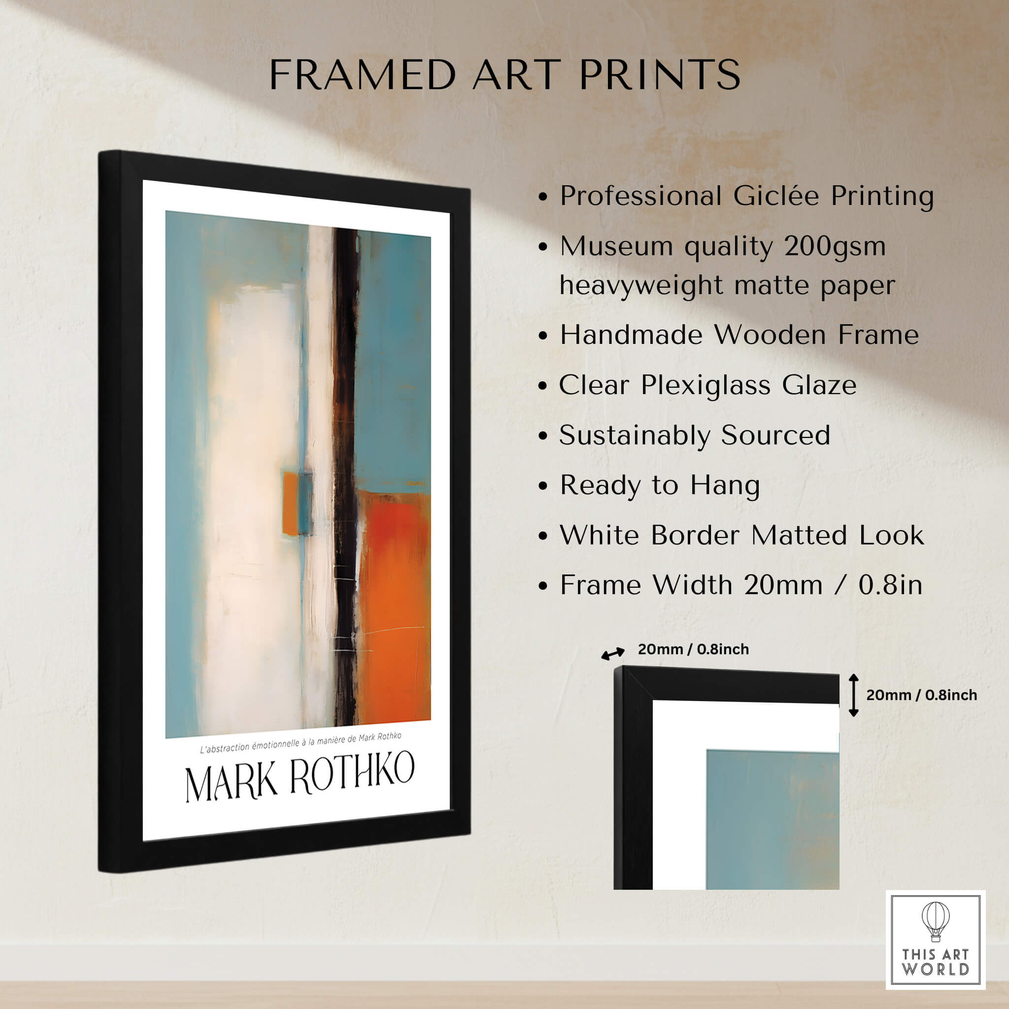 Rothko Inspired Abstract Teal and Orange Art Print | Minimalist Canvas Poster in a stylish frame