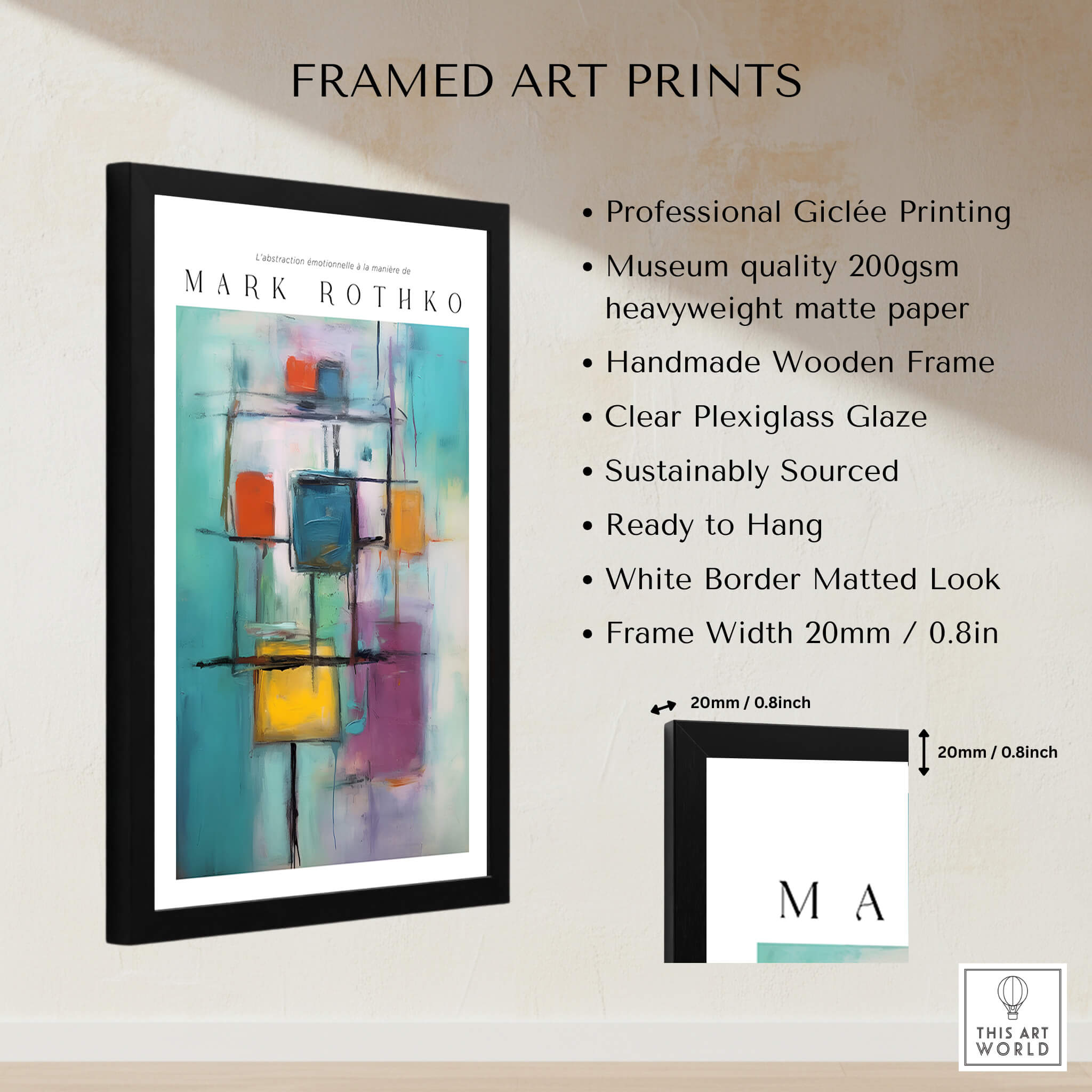 Rothko Style Floating Blocks Painting Print | Modern Abstract Canvas Wall Decor framed art print details with wooden frame and plexiglass.