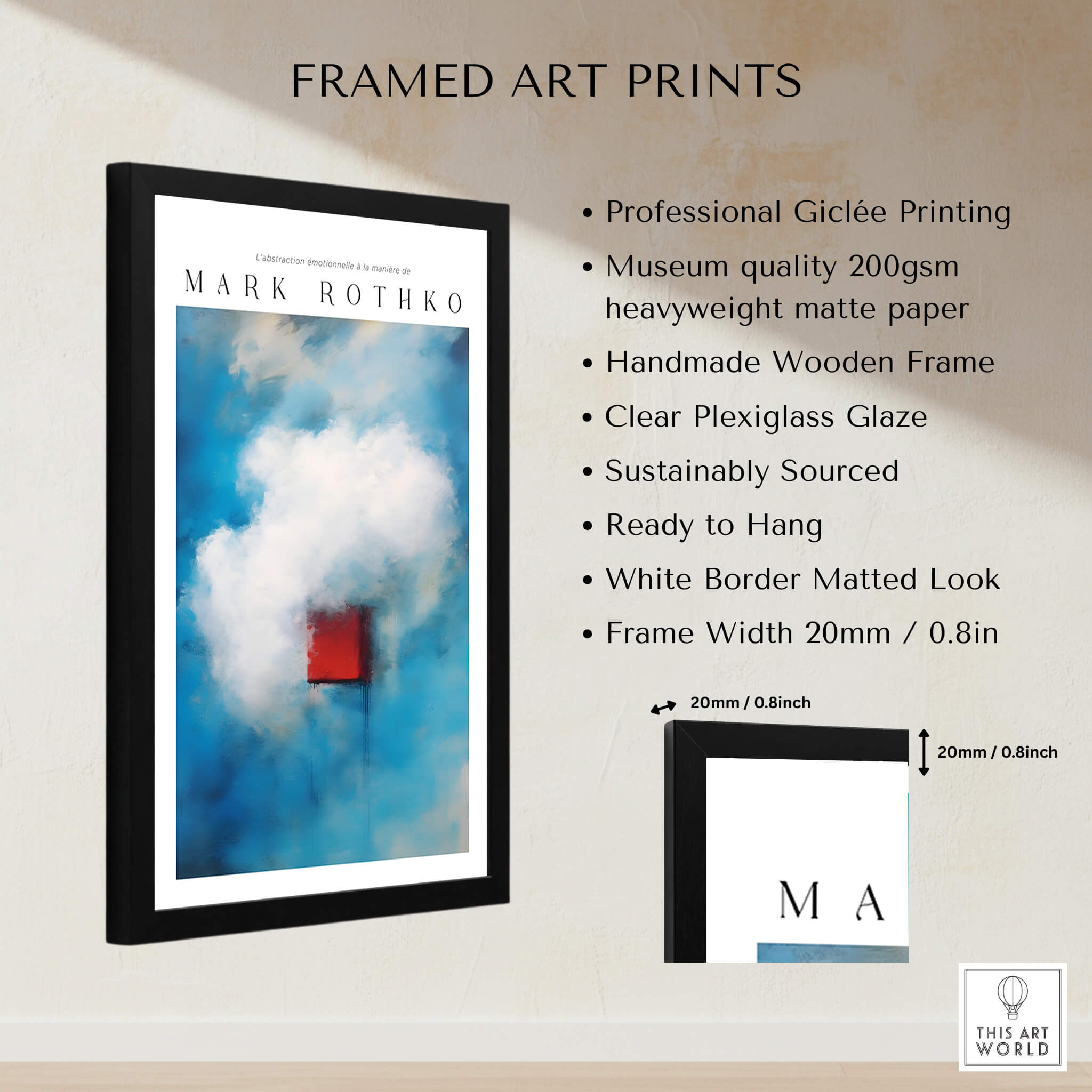 Rothko Style Minimalist Cloud Painting Print | Modern Abstract Wall Decor framed print with detailed features and design