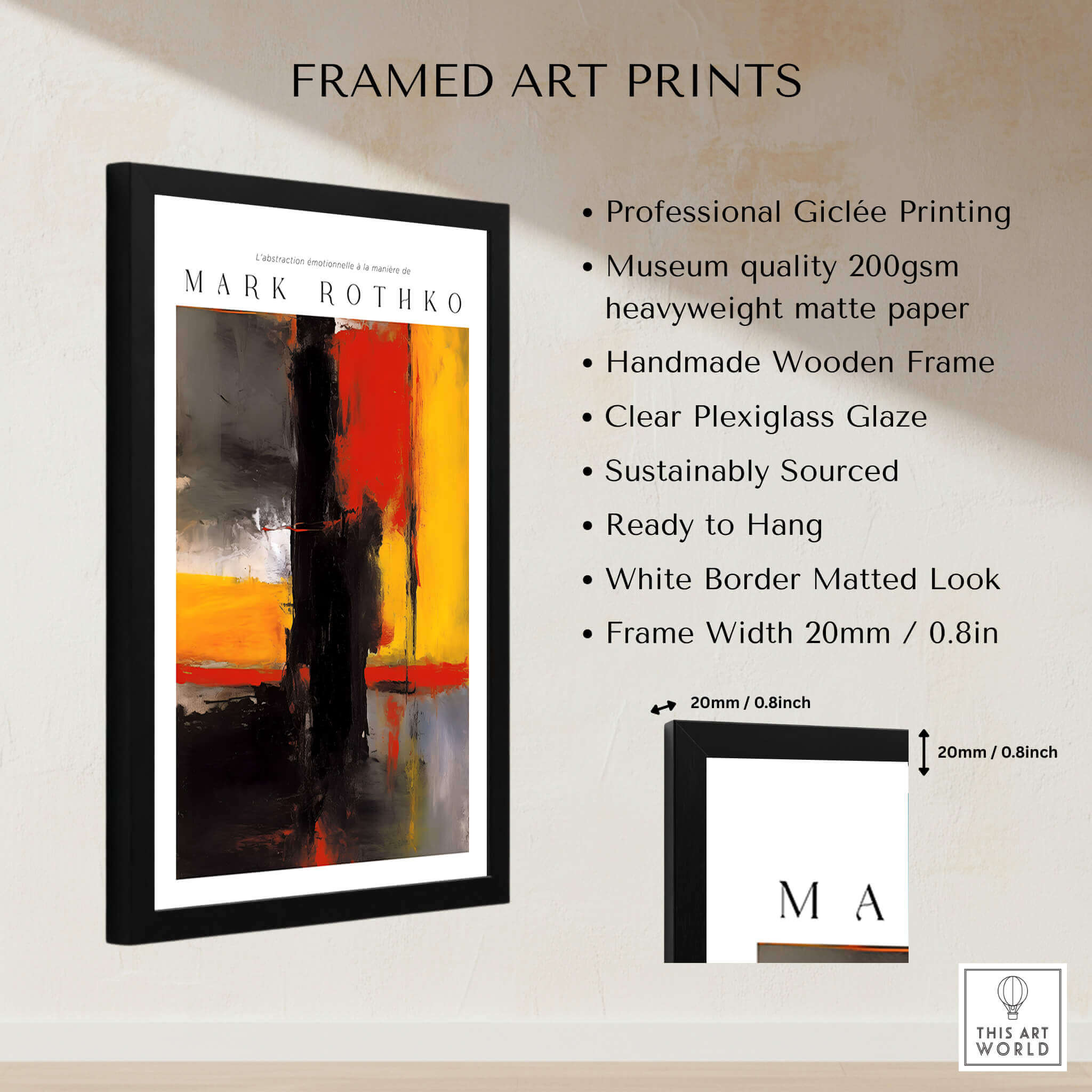 Mark Rothko Style Bold Black and Yellow Abstract Canvas Art Print displayed in a handmade wooden frame with plexiglass.