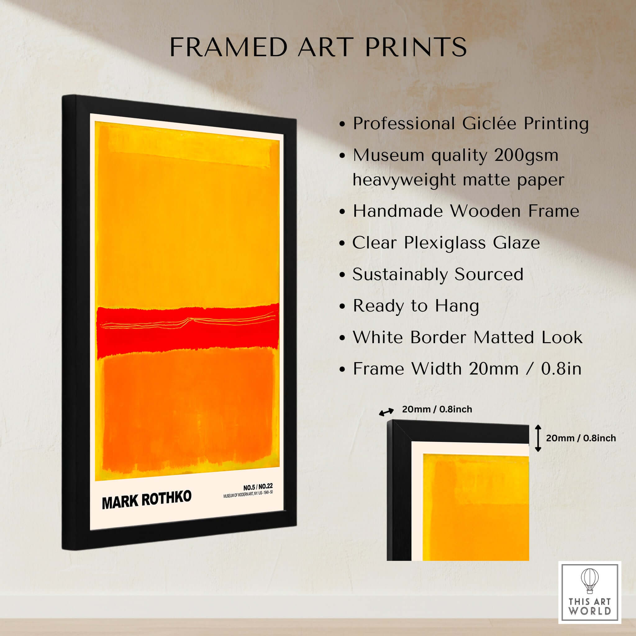 Mark Rothko No 5 No 22 Abstract Expressionist Print Red Orange Yellow Poster Wall Art with black frame details.