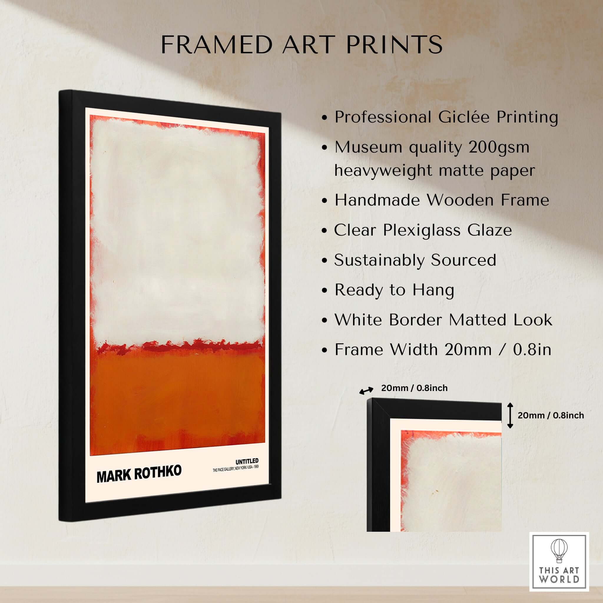 Mark Rothko Untitled 1969 Abstract Expressionism Poster White Orange Color Field Print framed with clear plexiglass