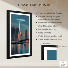 Framed Rotterdam Netherlands travel poster wall art with cityscape, wooden frame, print details.