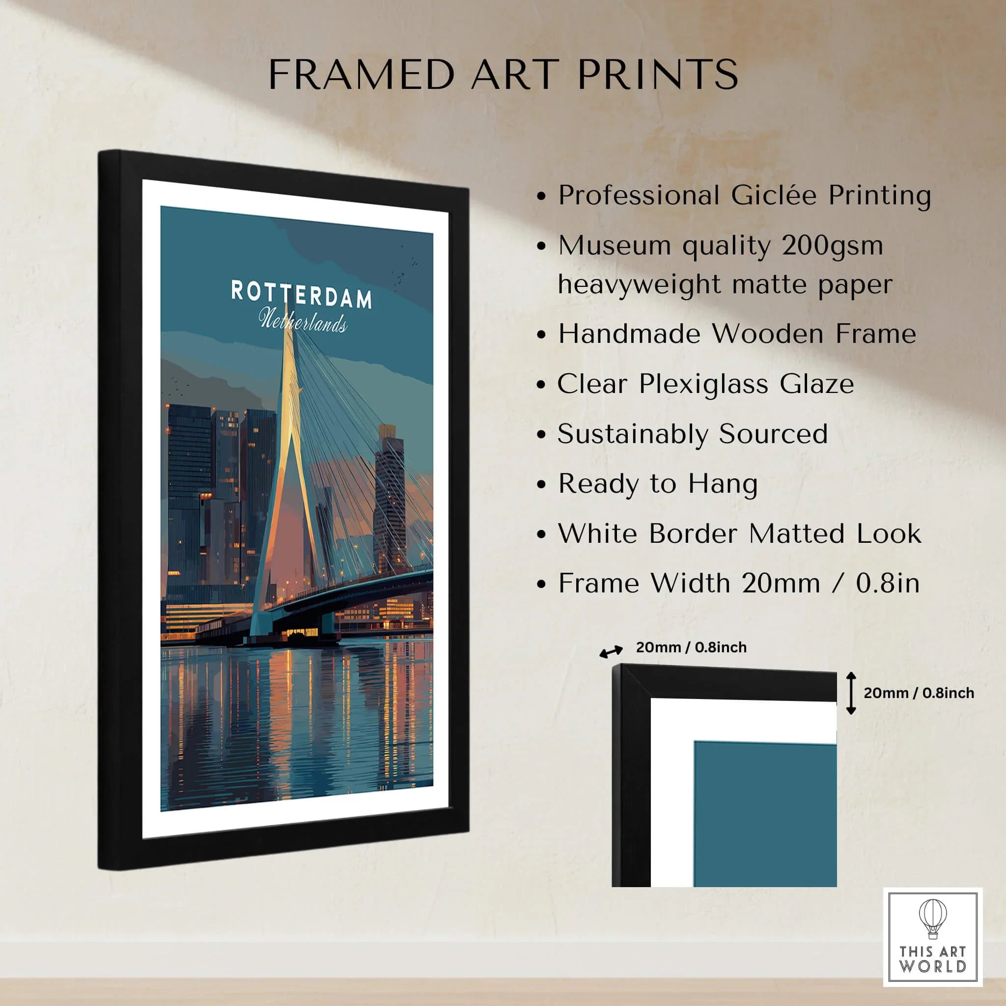 Framed Rotterdam Netherlands travel poster wall art with cityscape, wooden frame, print details.