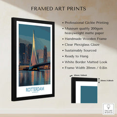 Framed Rotterdam city skyline art print with bridge, quality details and measurements shown.