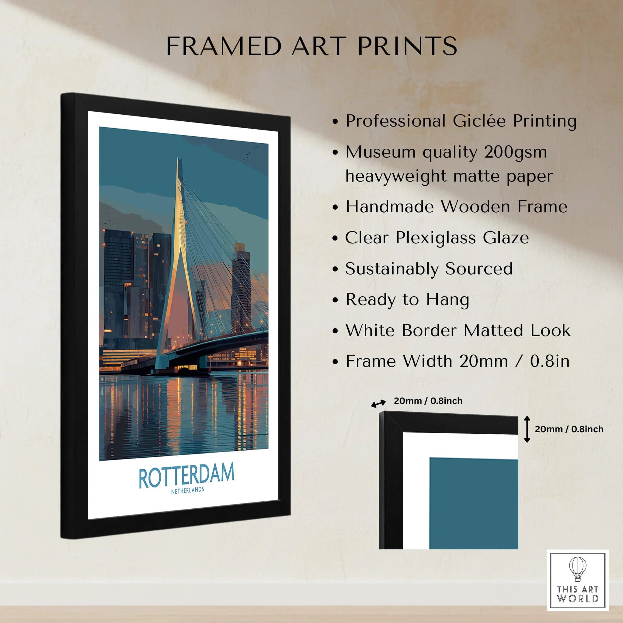Framed Rotterdam city skyline art print with bridge, quality details and measurements shown.