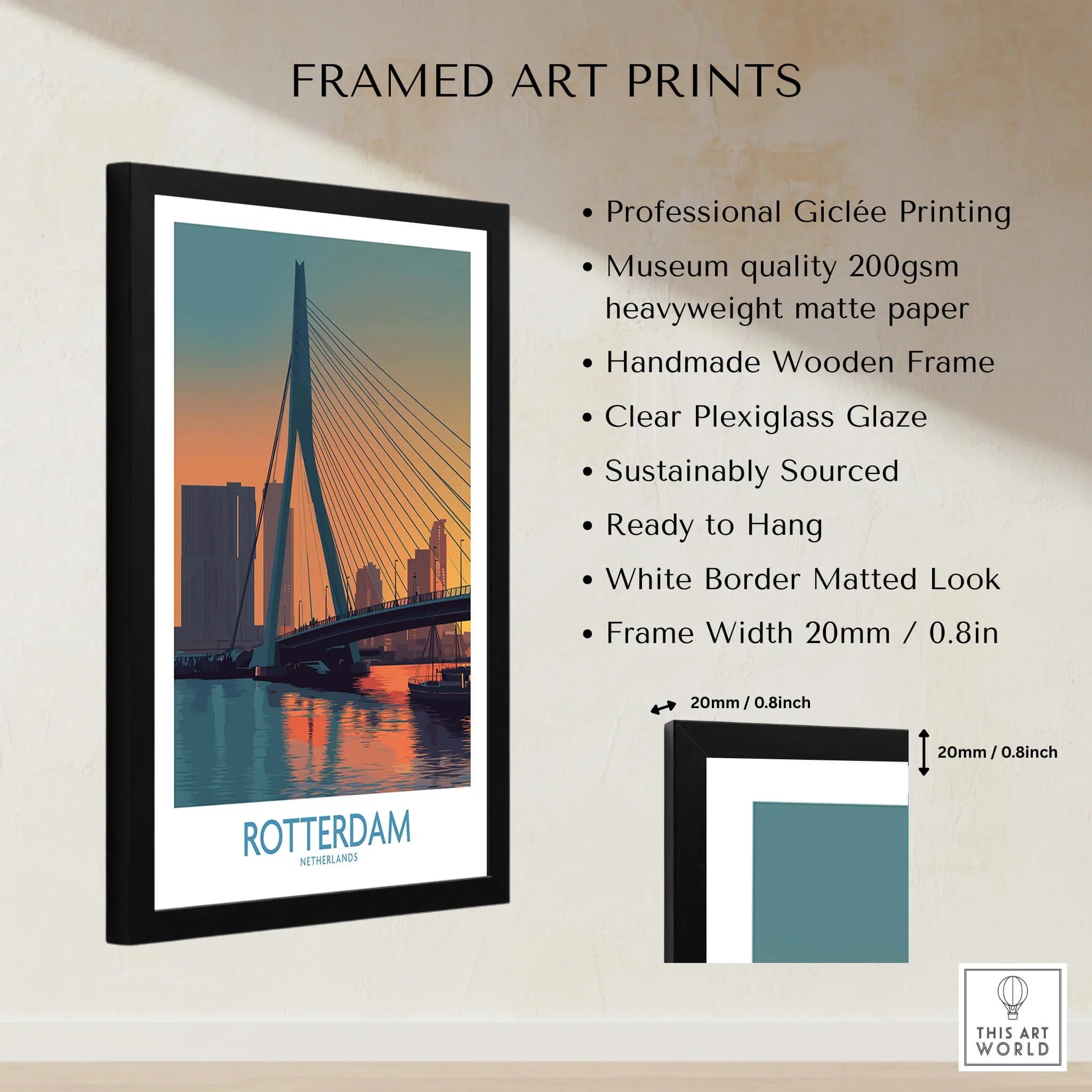 Framed Rotterdam city skyline art print with bridge, sunset colors, quality and size details.
