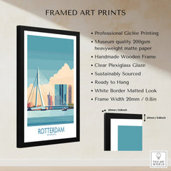 Framed Rotterdam city skyline travel print with modern bridge, product features listed