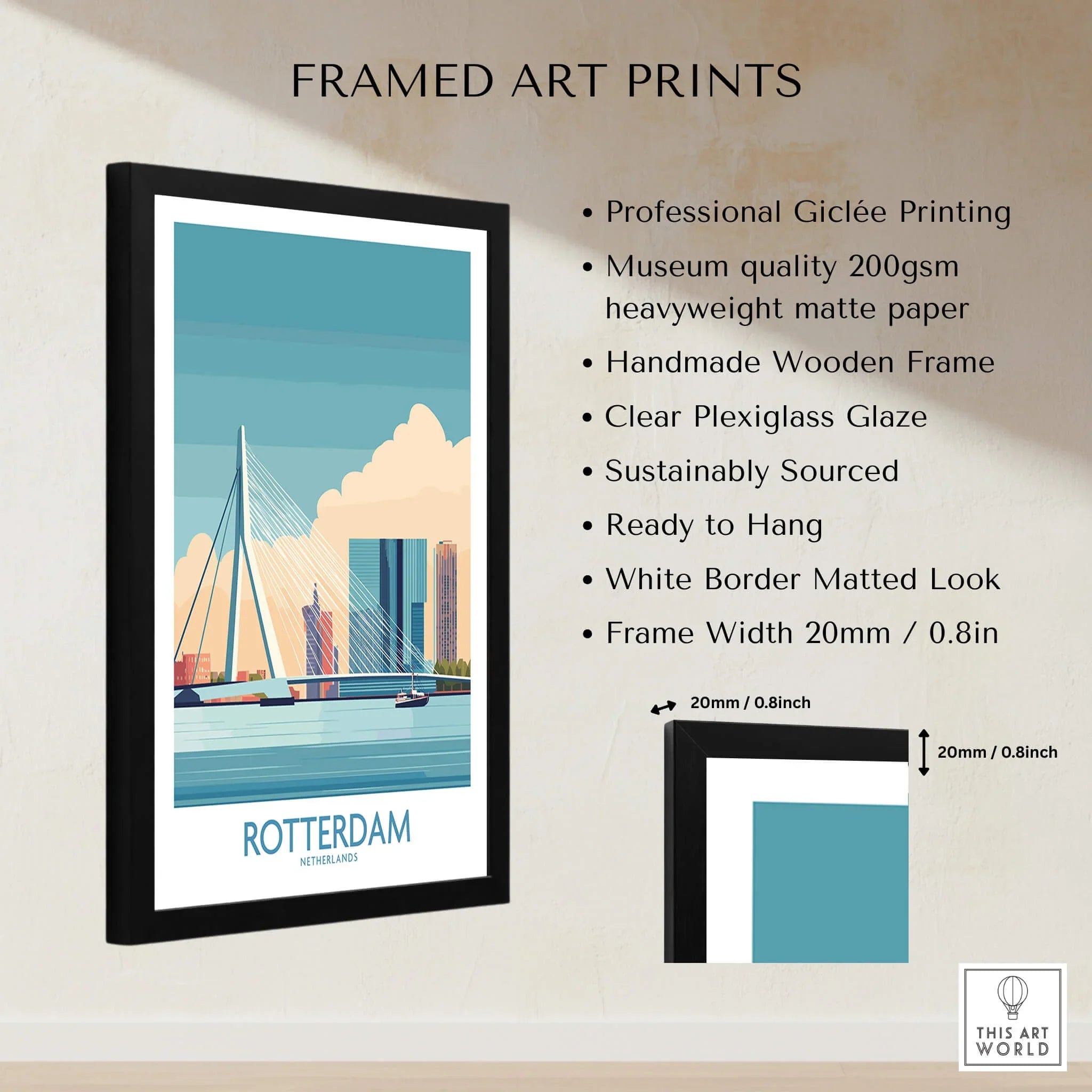 Framed Rotterdam city skyline travel print with modern bridge, product features listed