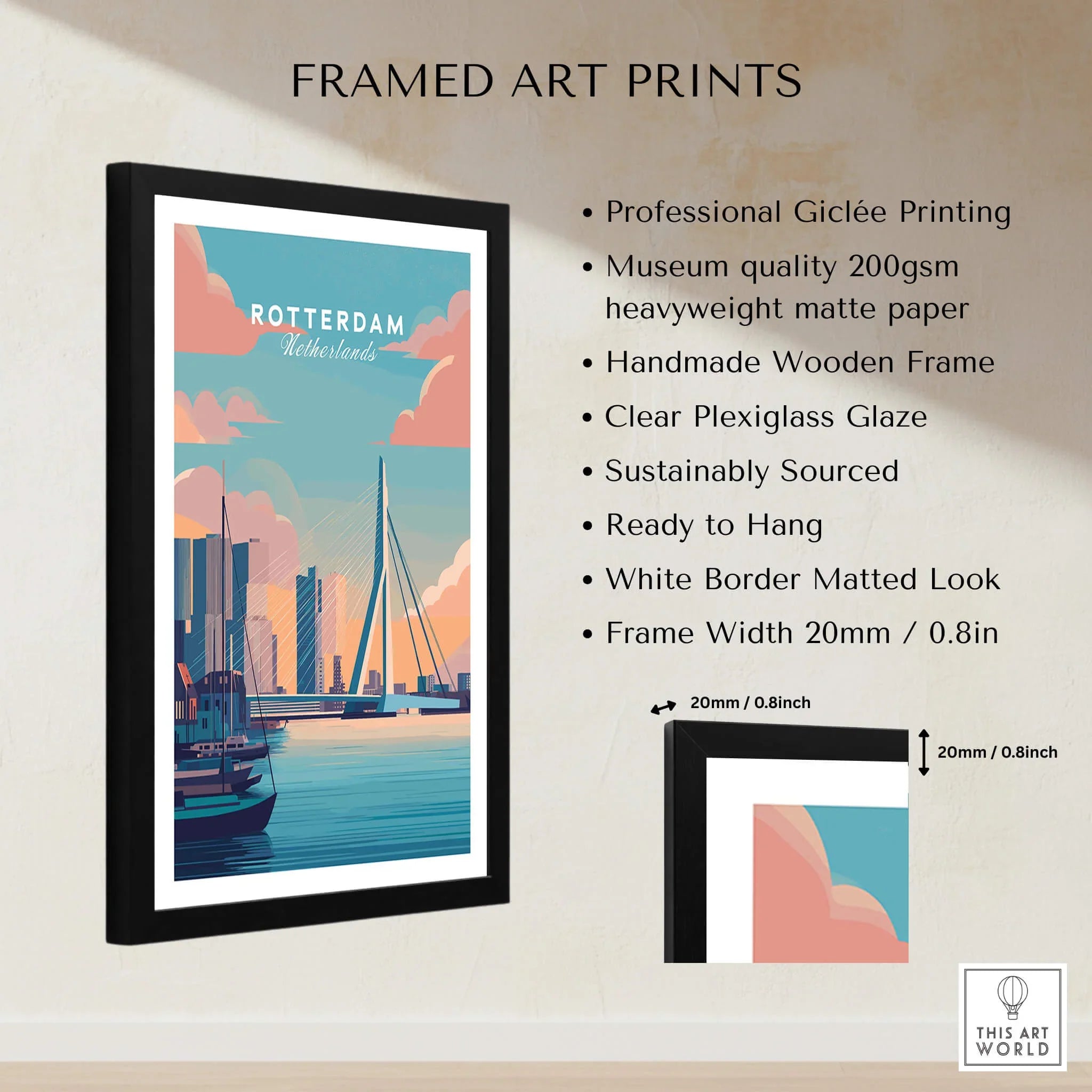 Framed Rotterdam Netherlands city skyline art print with measurement and print quality details.