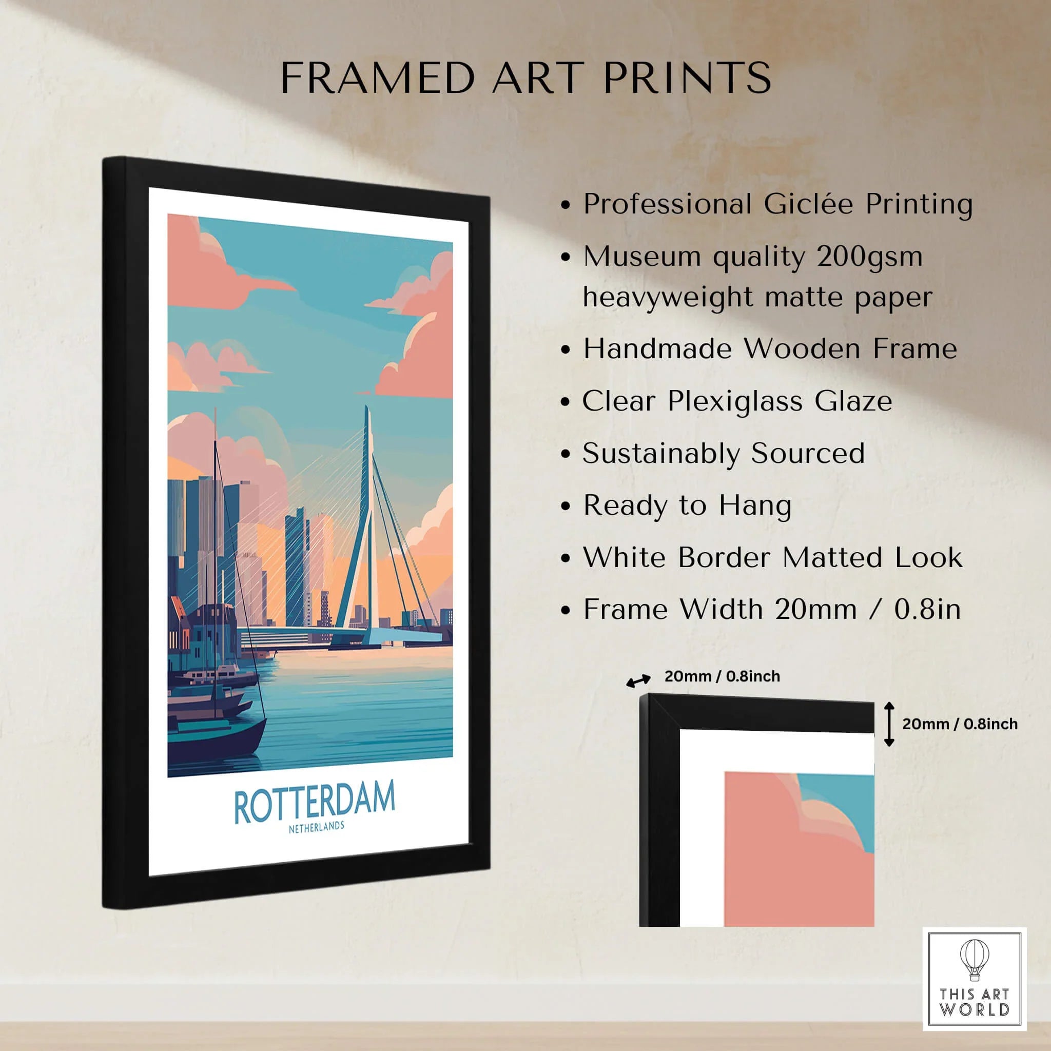 Framed Rotterdam travel poster art print with city skyline, measurements, and print details shown