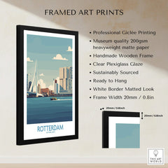 Framed Rotterdam travel poster wall art with black wooden frame and listed print details