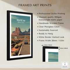 Framed Route 66 art print in wooden frame with vintage car, desert landscape, and product details.