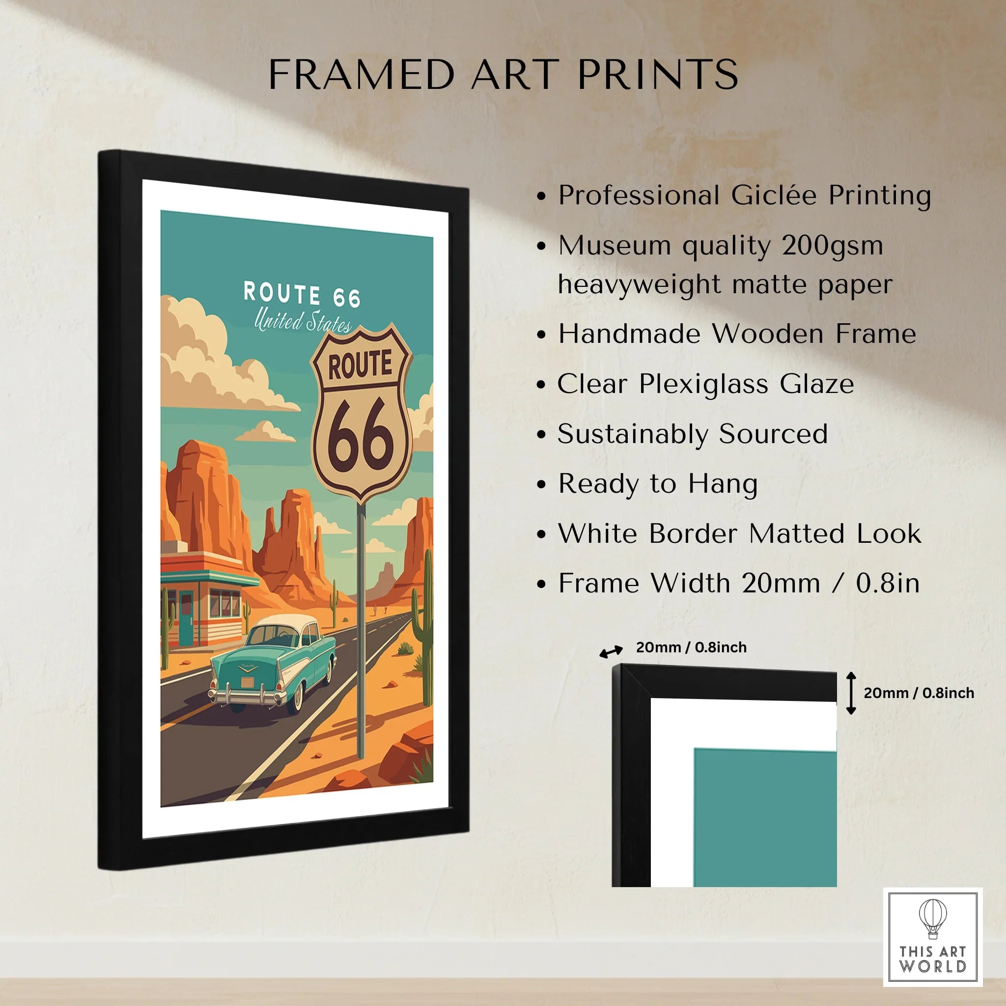 Framed Route 66 travel poster with vintage car, desert landscape, and art print features listed.