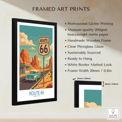 Framed Route 66 travel poster with desert landscape, vintage car, and product details