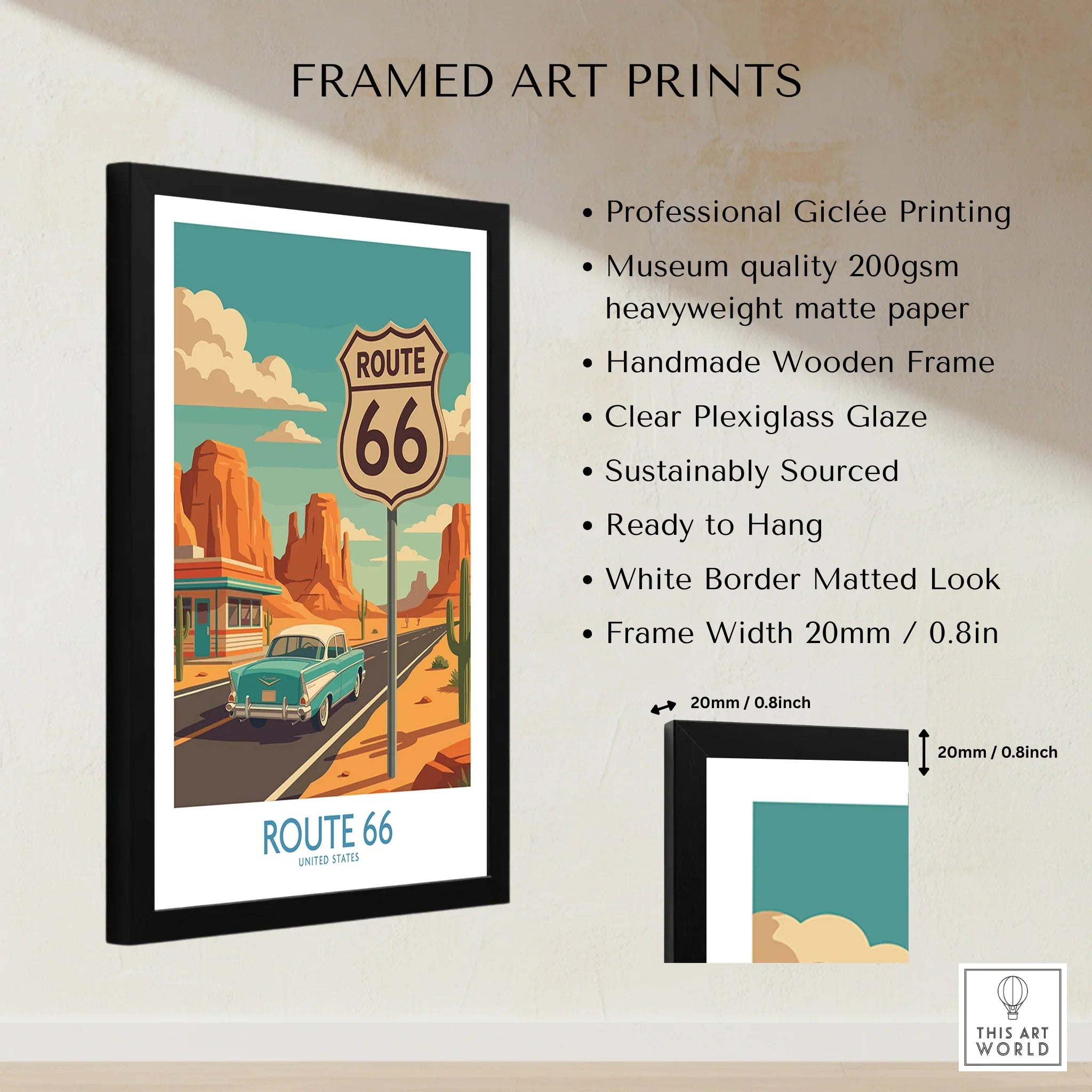 Framed Route 66 travel poster with desert landscape, vintage car, and product details