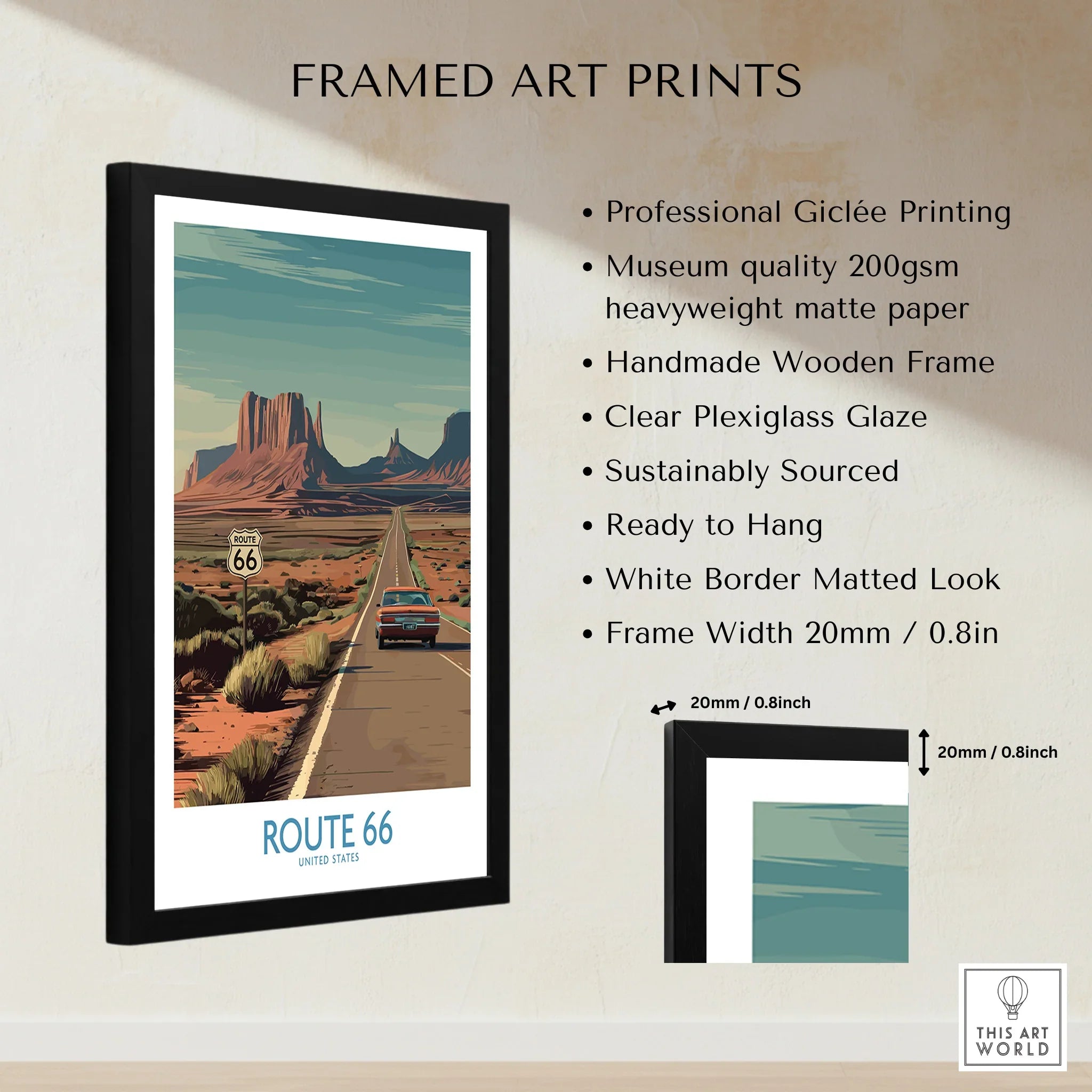 Framed Route 66 art print with classic car, desert landscape, and product details display.