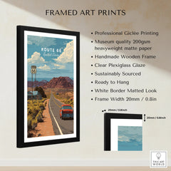 Framed Route 66 travel poster print with vintage car and desert landscape, wall art details shown.