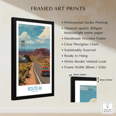 Framed Route 66 art print with vintage car, desert landscape, and quality features listed