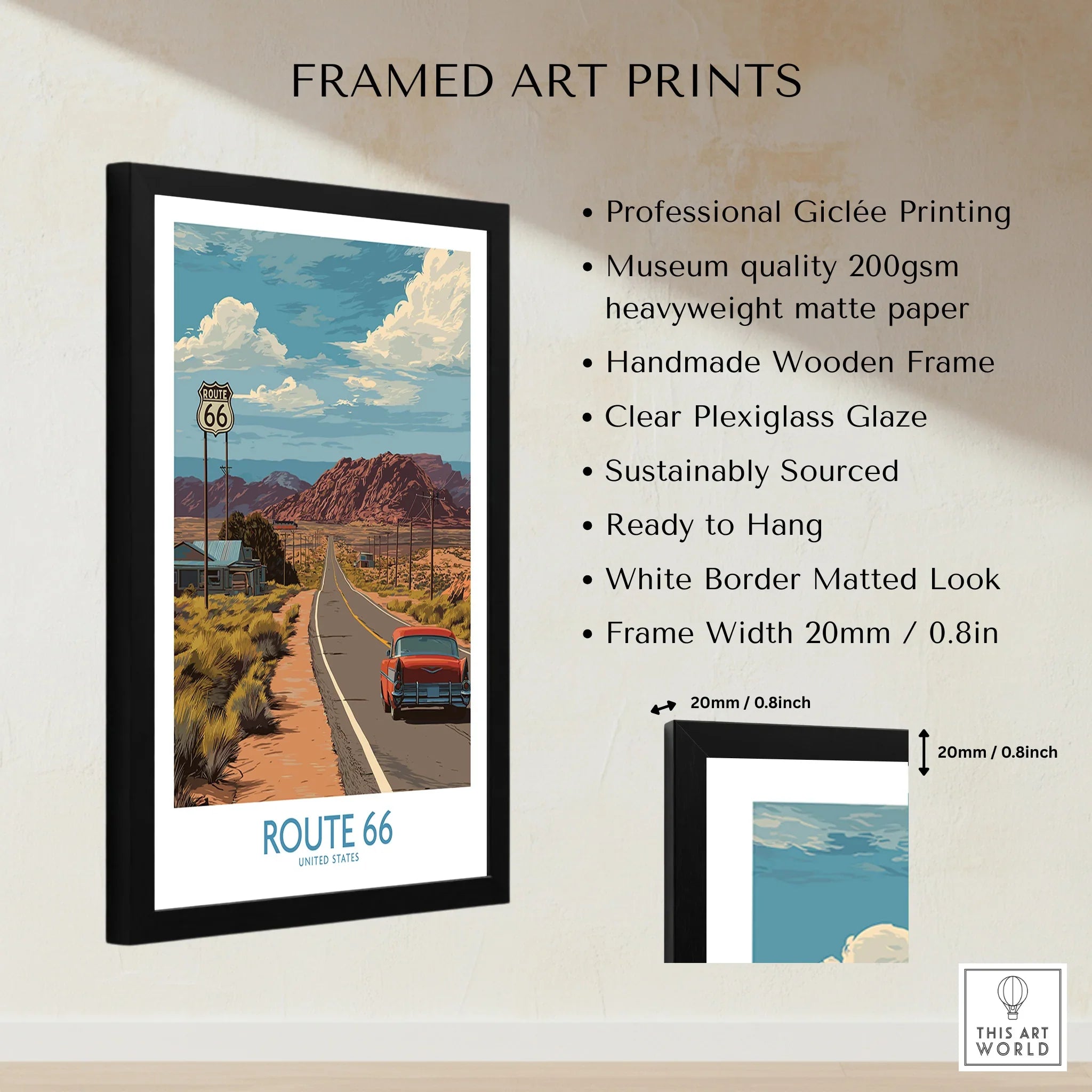 Framed Route 66 art print with vintage car, desert landscape, and quality features listed