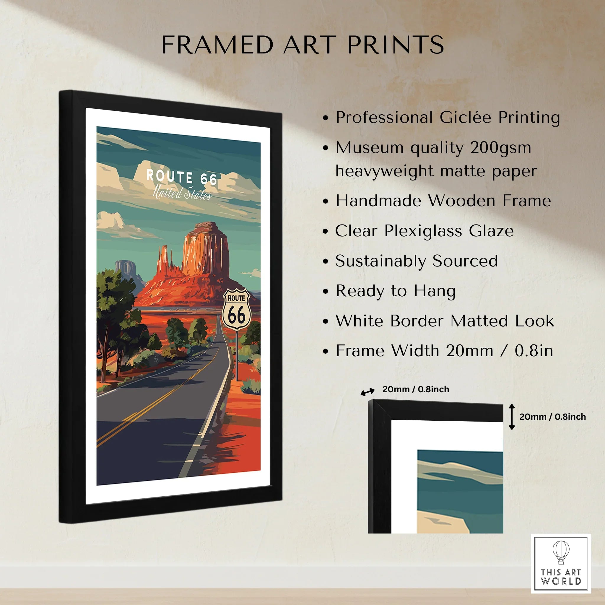 Framed Route 66 art print with desert landscape, black wooden frame, and descriptive features.