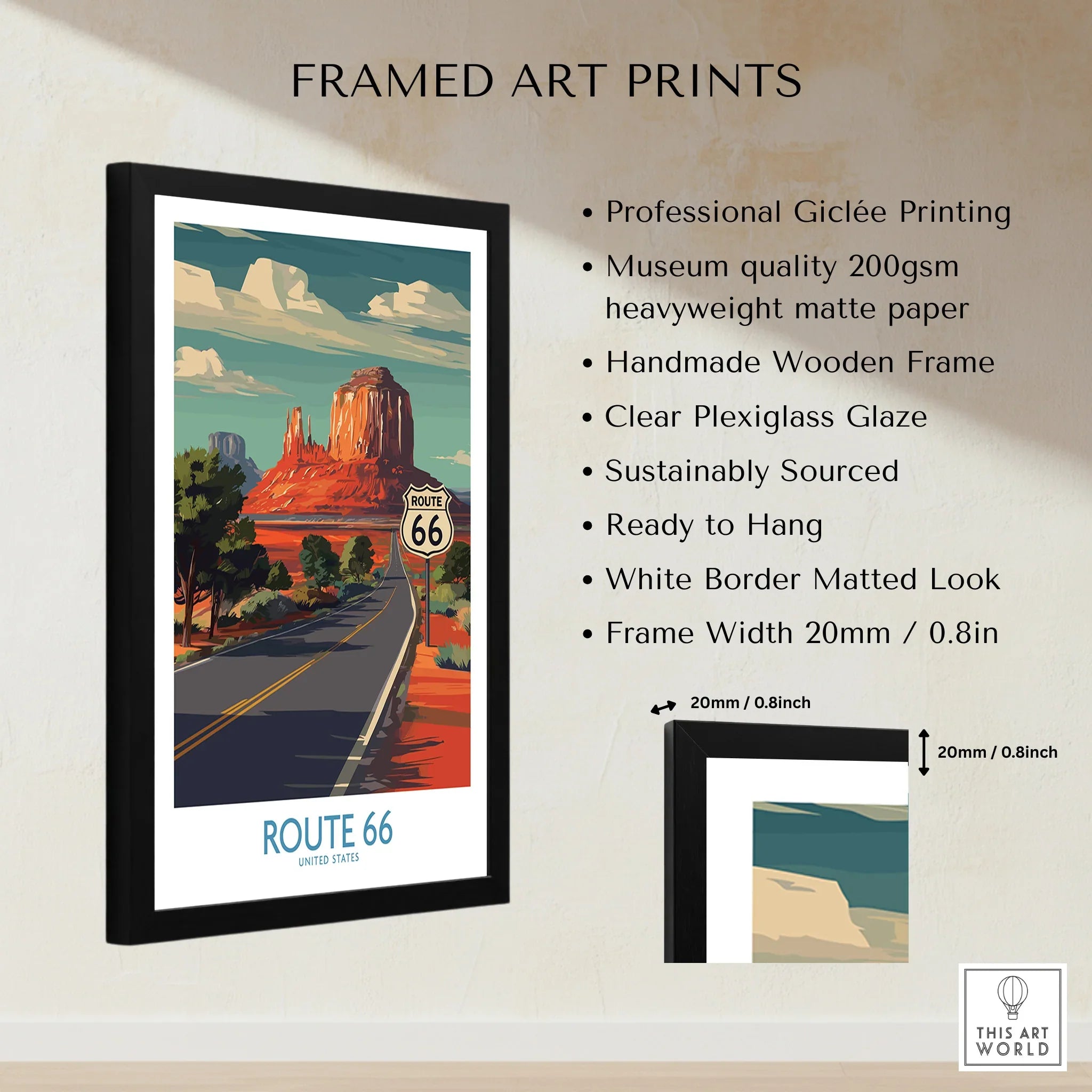 Framed Route 66 art print with desert landscape, black wooden frame, product details listed.