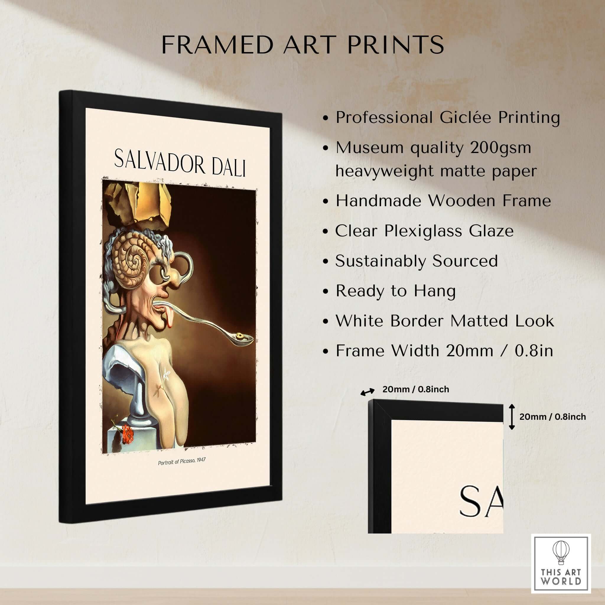 Salvador Dali Portrait of Picasso 1947 Surrealist Art Print Grotesque Poster framed in a museum quality frame.