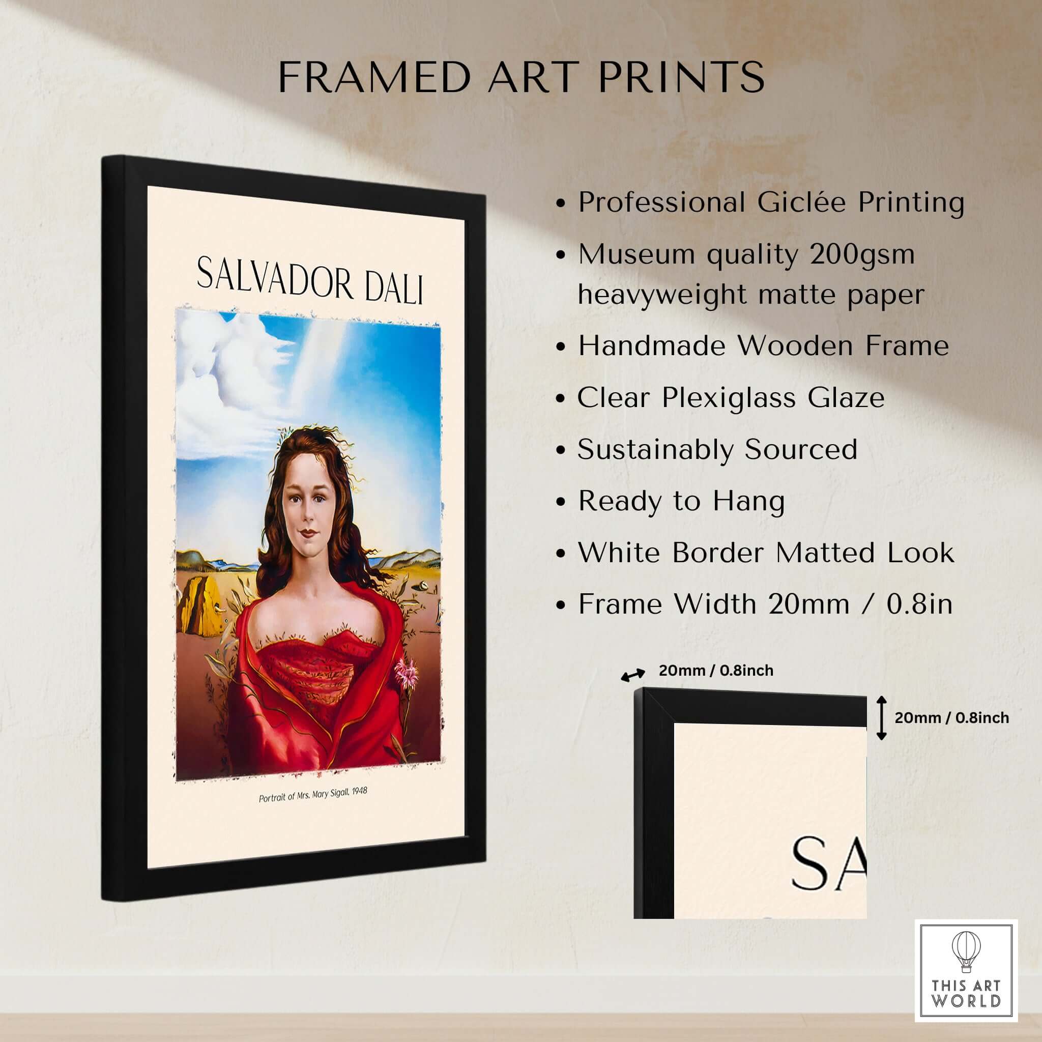 Salvador Dali Portrait Mrs Mary Sigall 1948 Surrealist Woman Art Print Poster framed with black wooden frame and plexiglass.