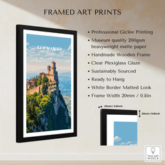 San Marino Wall Art Print | Mount Titano Citadel Travel Poster with framed art details and features.