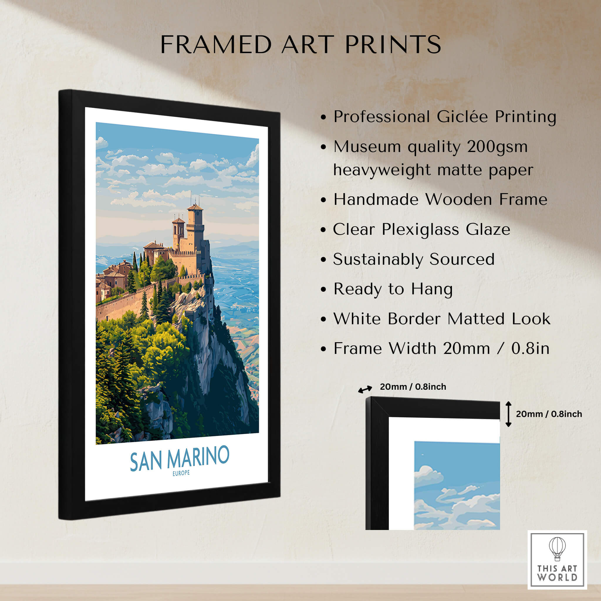 San Marino Poster | Canvas Print featuring a framed art print with breathtaking views of San Marino.