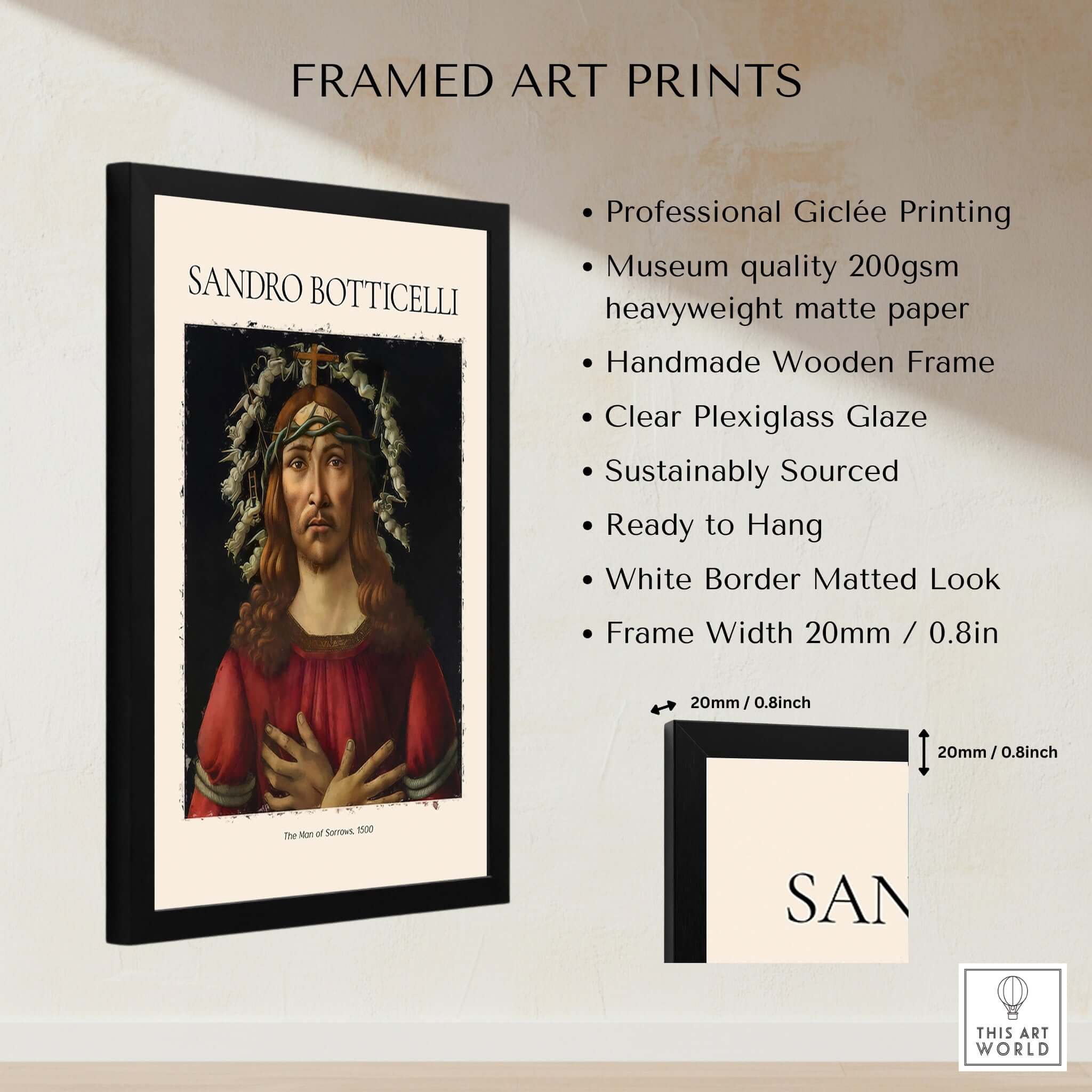 Botticelli Man of Sorrows Christ Art Print Religious Renaissance Painting Poster in a framed display.