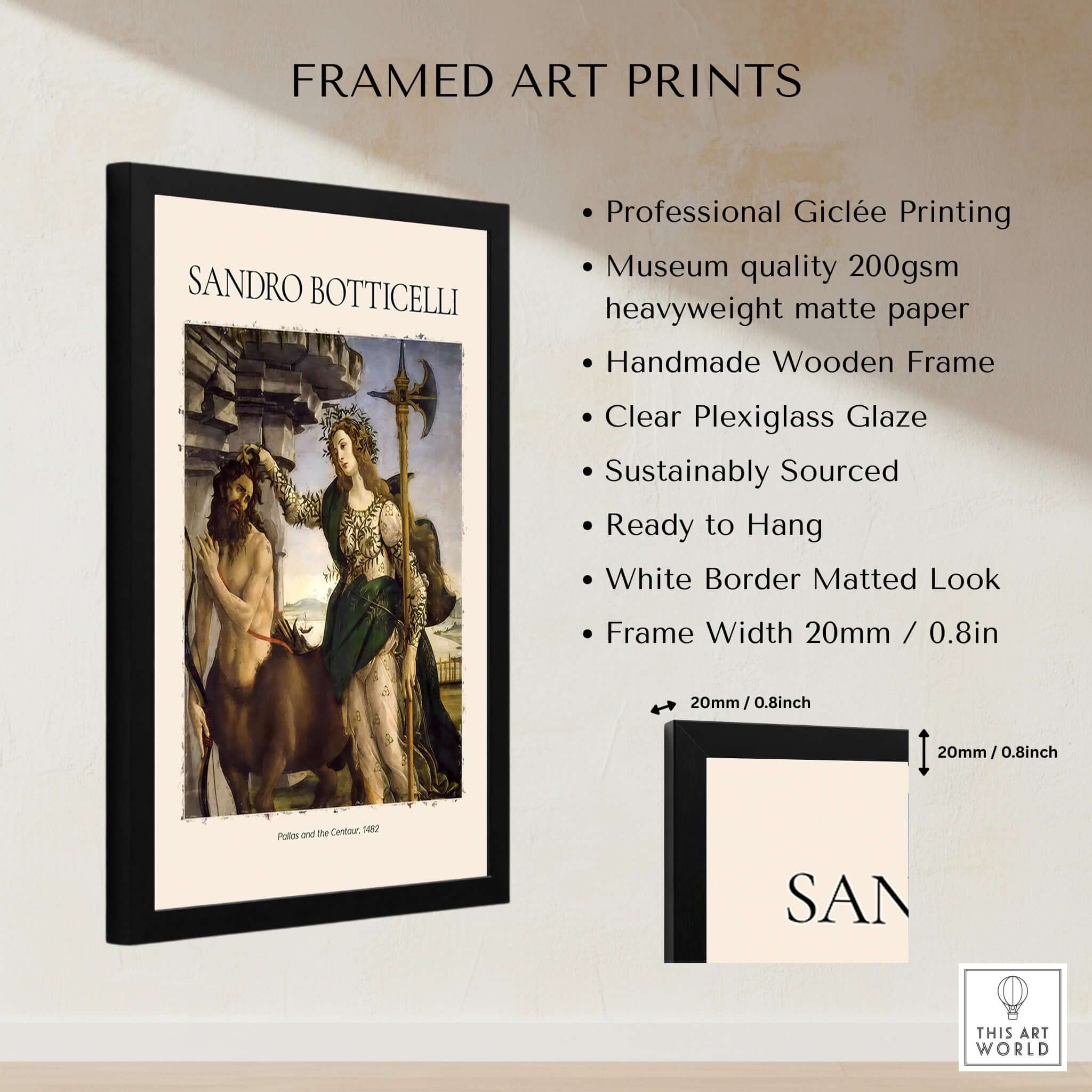 Botticelli Pallas and the Centaur Minerva Art Print Mythology Allegory Poster framed with details for display.
