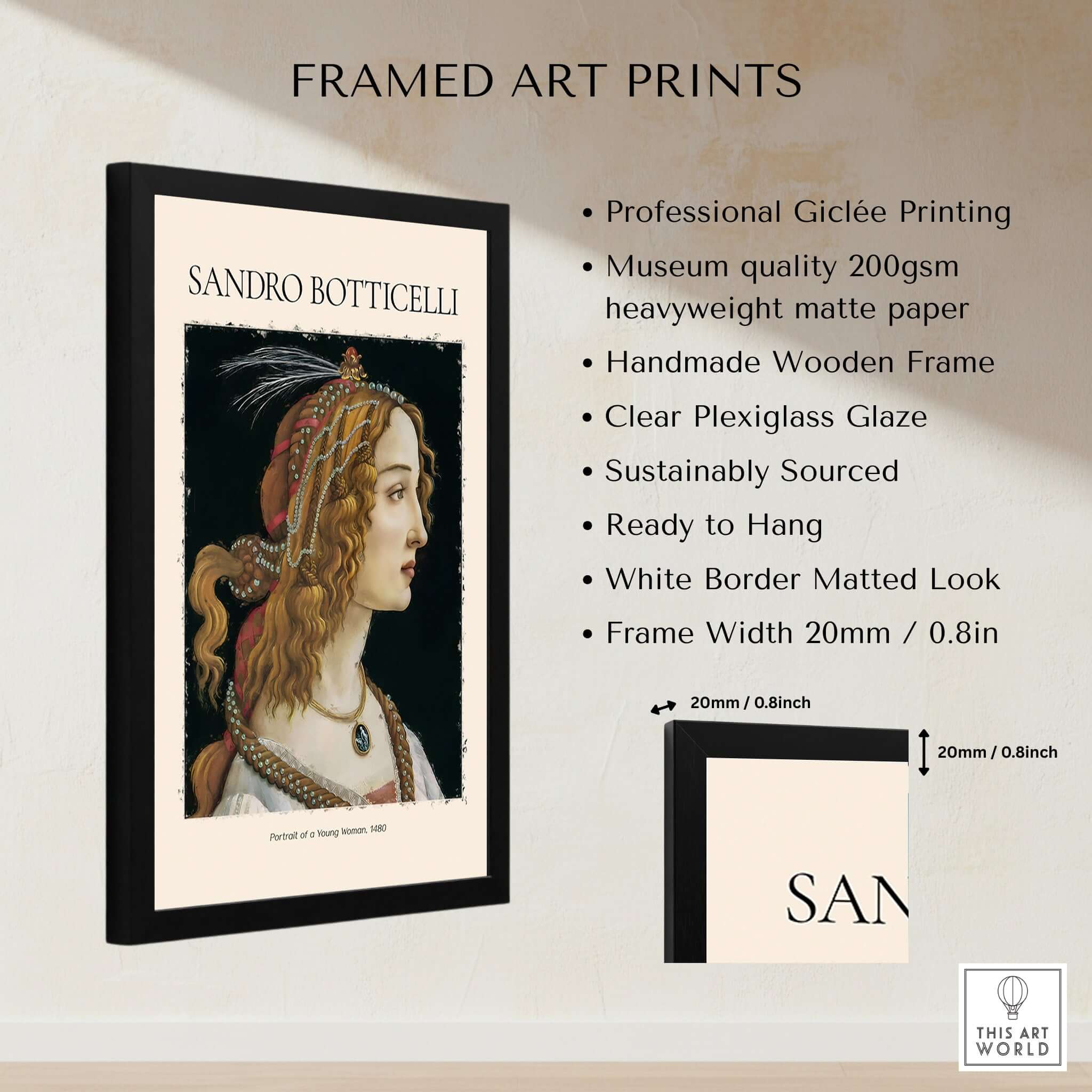 Botticelli Portrait of a Young Woman Simonetta Vespucci Art Print Renaissance Poster in a framed display.