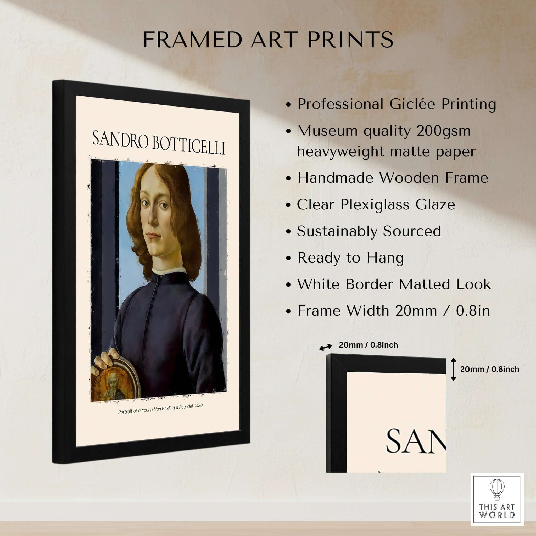 Botticelli Portrait of a Young Man Roundel 1480 Art Print Renaissance Florentine Poster framed with quality materials.