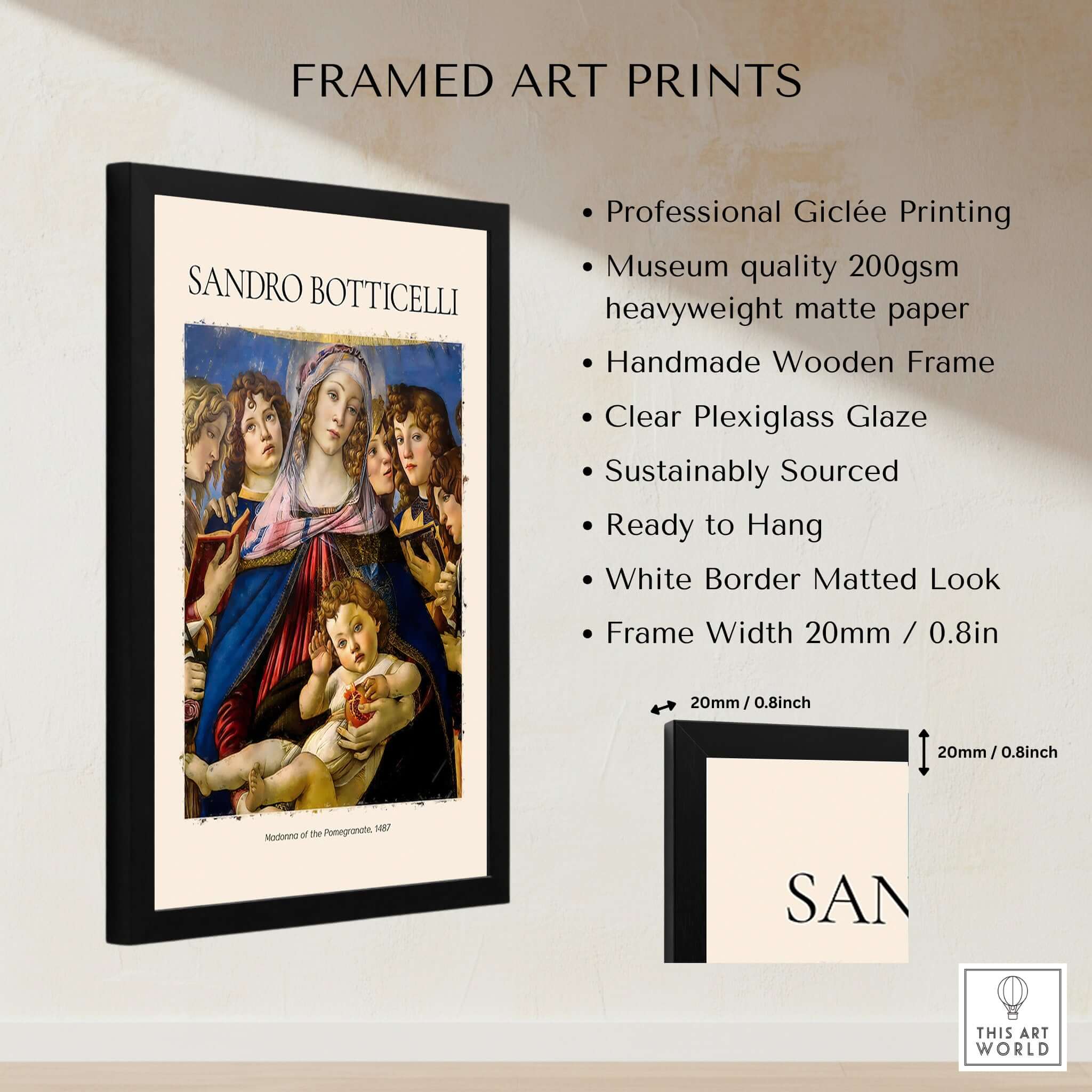 Botticelli Madonna of the Pomegranate Art Print Religious Virgin Mary Child Poster Angels framed with clear plexiglass.