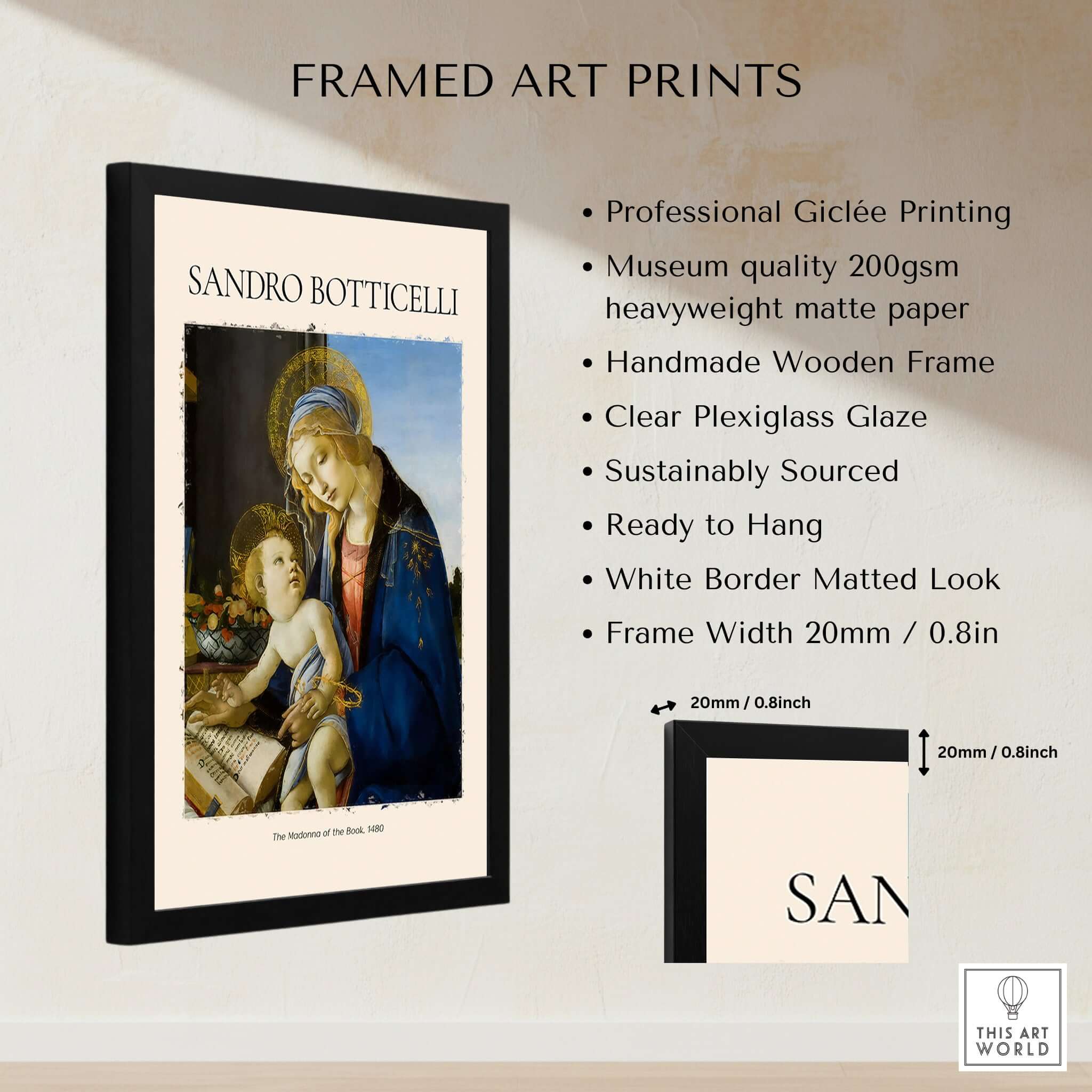Botticelli Madonna of the Book Art Print Virgin Mary Child Religious Poster Wall Art framed, showcasing professional giclée printing.