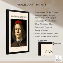 Botticelli Portrait Young Man Red Hat 1483 Art Print Renaissance Florentine Poster framed with clear plexiglass.