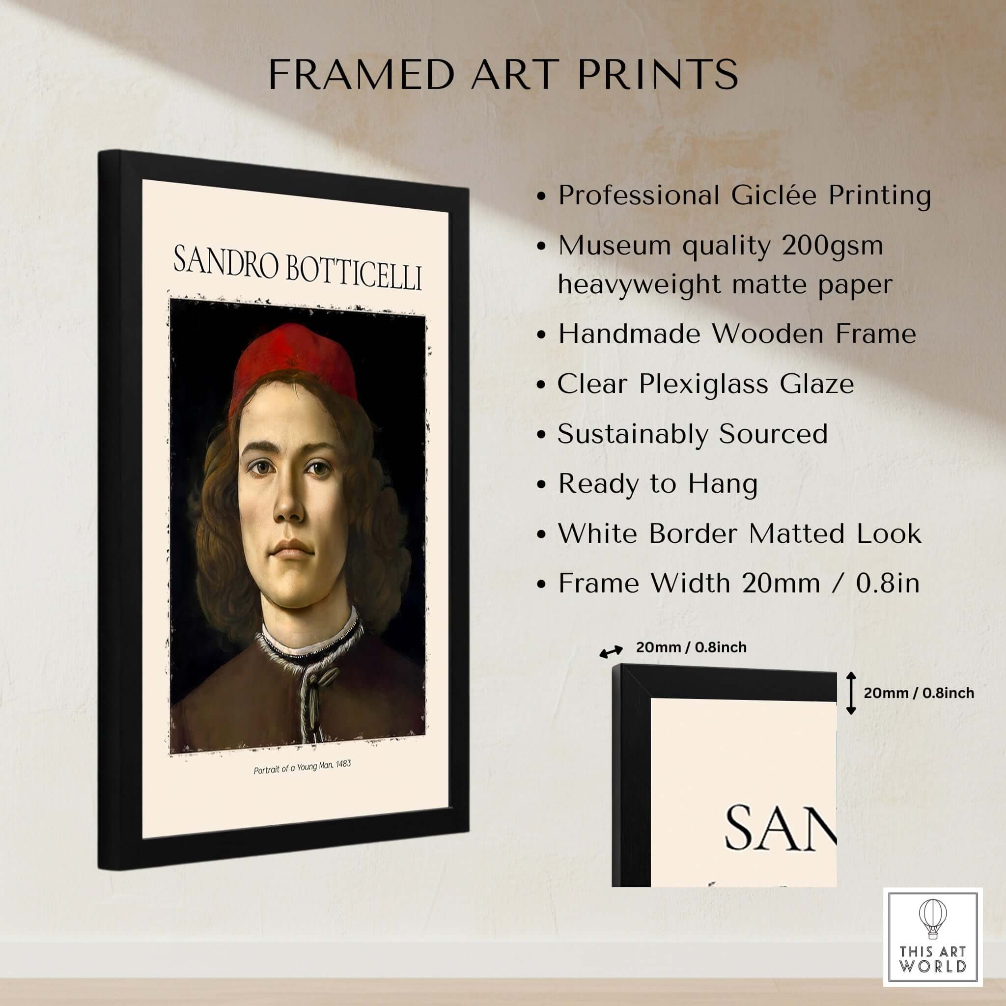 Botticelli Portrait Young Man Red Hat 1483 Art Print Renaissance Florentine Poster framed with clear plexiglass.